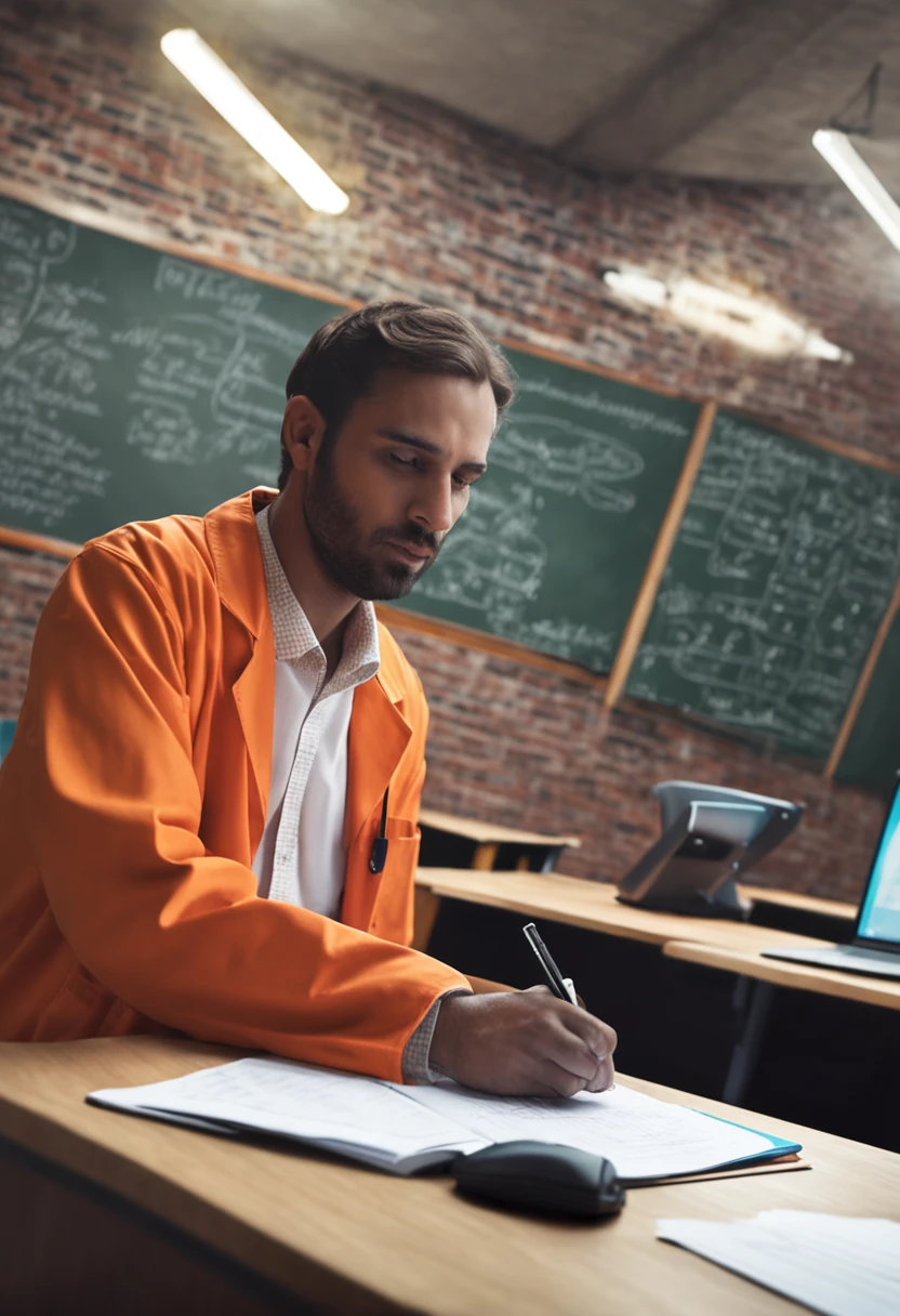 Young adult in orange lab coat facing a blackboard teaching in a school with computers and the technological environment, realista, humano, 4k,