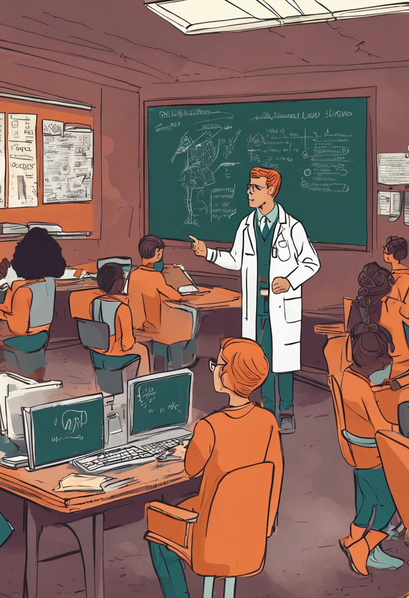 Young adult in orange lab coat facing a blackboard teaching in a school with computers and the technological environment, realista, humano, 4k,