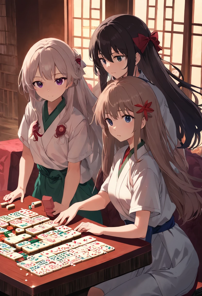 Four friends are playing mahjong happily at the self-help mahjong hall