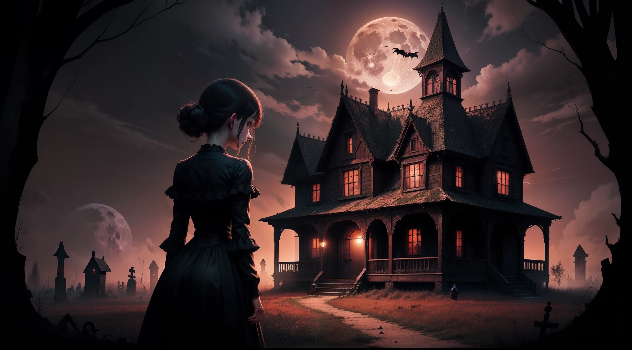 horror book cover, abandoned wooden gothic house with a graveyard, full moon, spooky atmosphere, halloween, red sky, 8 year old girl in foreground skipping up the path