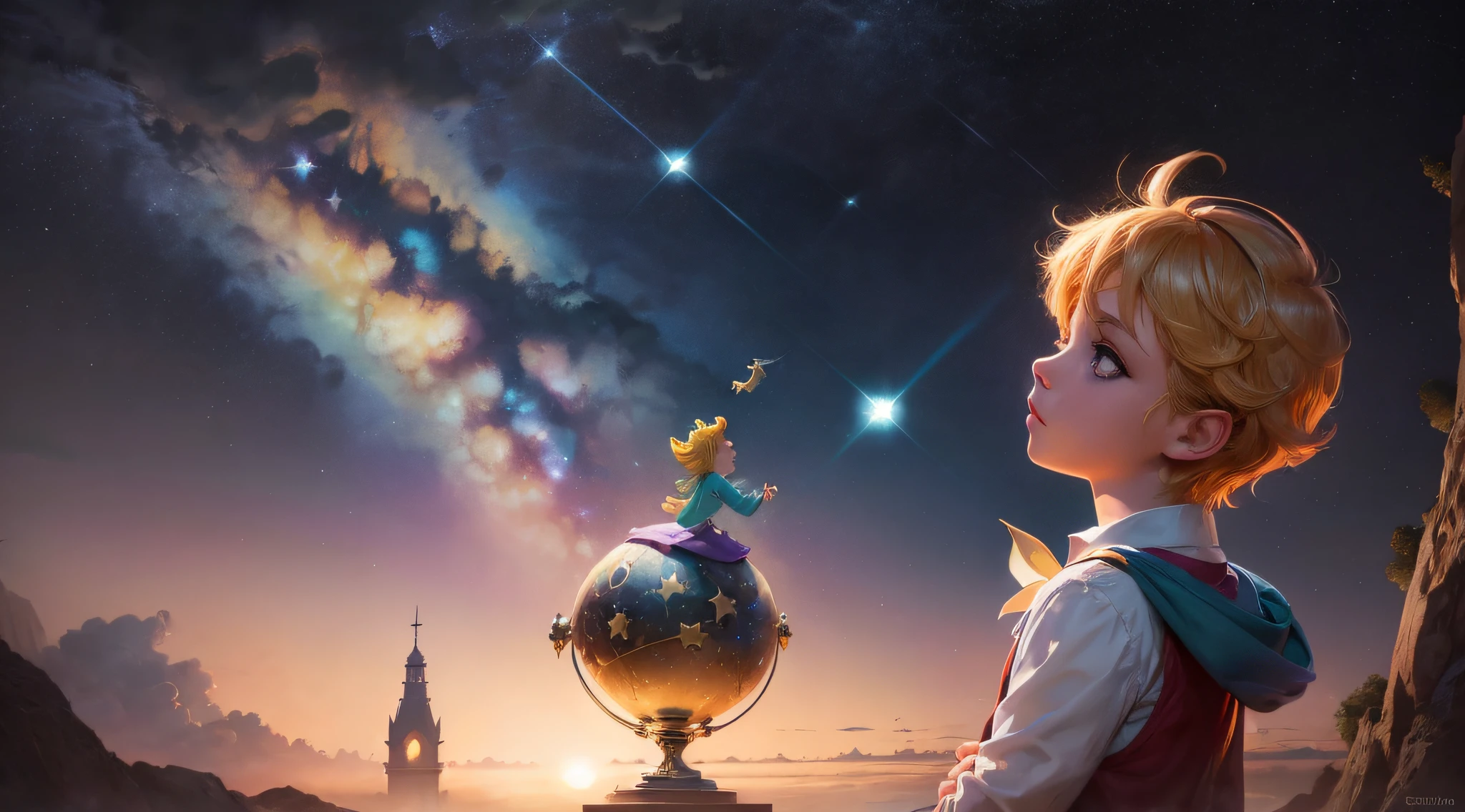 Princesa Disney mirando un cielo lleno de estrellas con una estatua, Beeple y Jeremiah Ketner, Arte clave, Arte infantil en ArtStation, Arte digital 4K altamente detallado, amazing wallpaper, inspirado por Victor Nizovtsev, El Principito, Awesome Digital Illustration, Cyril Rolando y Goro Fujita, Hermosa obra de arte digital, Andree Wallin artistic style