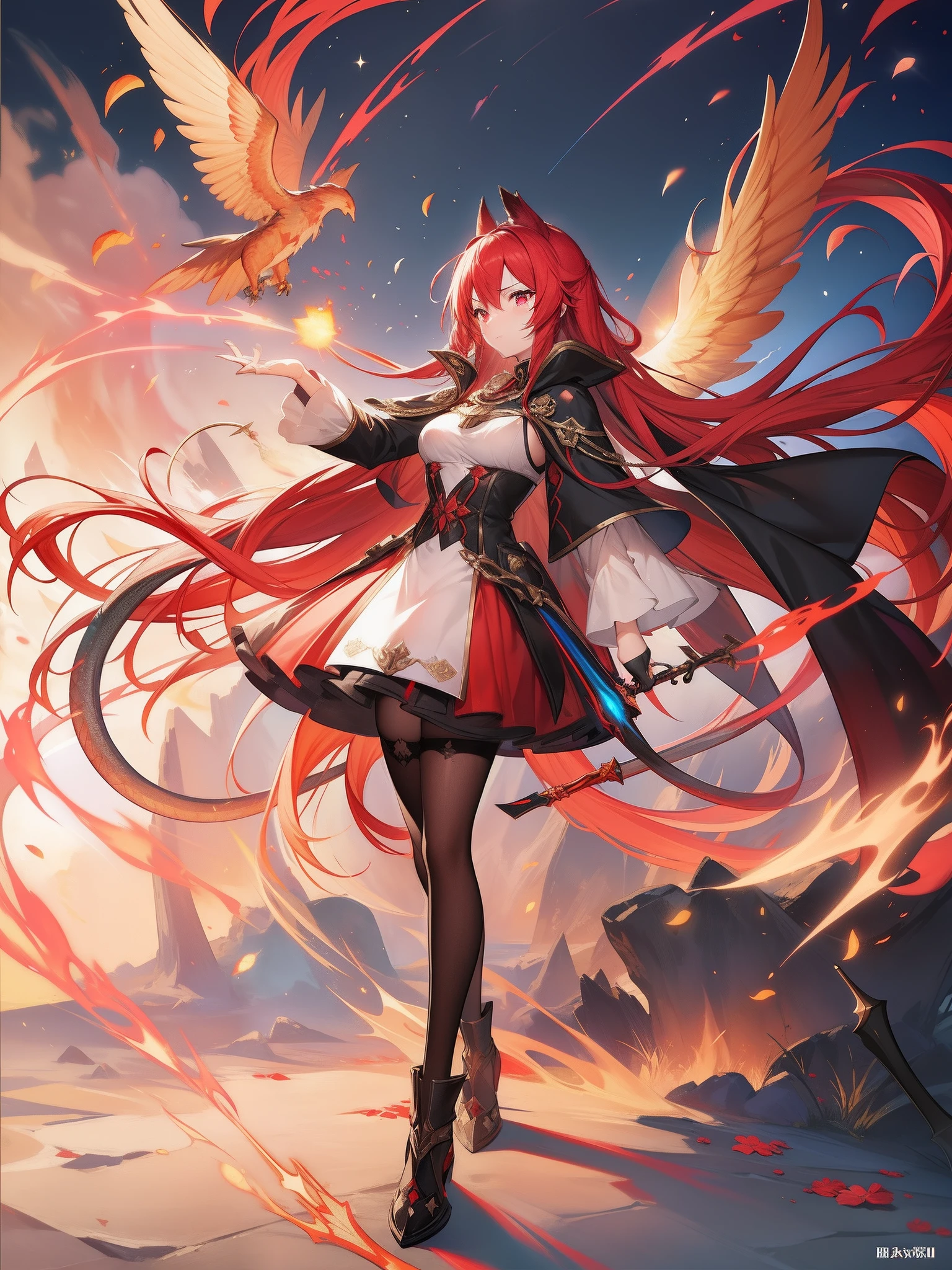 Enlarge facial expressions, Cat's ears,hair is red and long,Crimson eyes have strong eyes,loimu,Goggles shine on her head,Her skin is pale, A blade of flame enveloped me like a snake in an interstellar wind,Unleash the Rainbow Blade, Highest Quality, She has a red cloak with war maiden decorations with large phoenix wings on her back,Raise the rainbow spear of the brave, ((sad))((Big tears)), 8 birds fly away,Vortex of flames,Lens Flare, Big rainbow,The sun is shining hot,Star chips, bloom, ((light glow)), chromatic abberation], Digital Painting, Insane details, Intricate details, Beautifully color graded, Unreal Engine, Cinematic , colour grading, Editorial Photography , Photography, Photo Shot, Shot with 18mm lens, depth of fields, degrees of freedom, Tilt Blur, Shutter Speed 1/1000, h/22