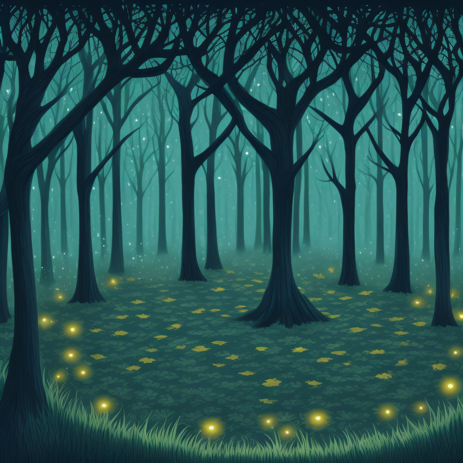 magical forest A little dark forest There is a space in the center picture book-style illustratio