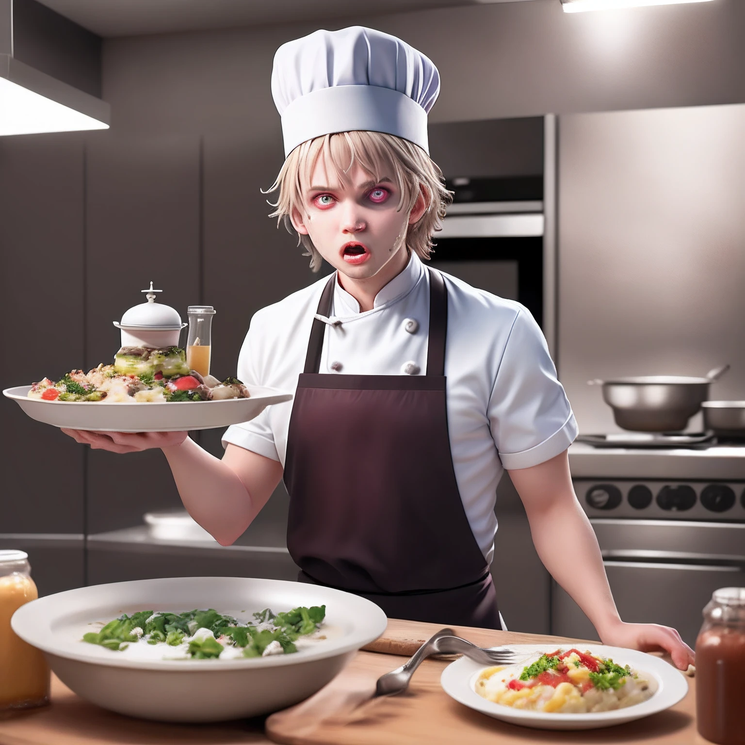 Creates a realistic image where a chef with a fancy chef's hat and bulging eyes is surrounded by plates of food that look dangerous, poisonous like evil eyes on fruit, or unusual colors in food. Make the chef have a surprised or confused expression while trying to cook with these strange ingredients. The image should convey a dirty kitchen atmosphere. Remember the dirty kitchen