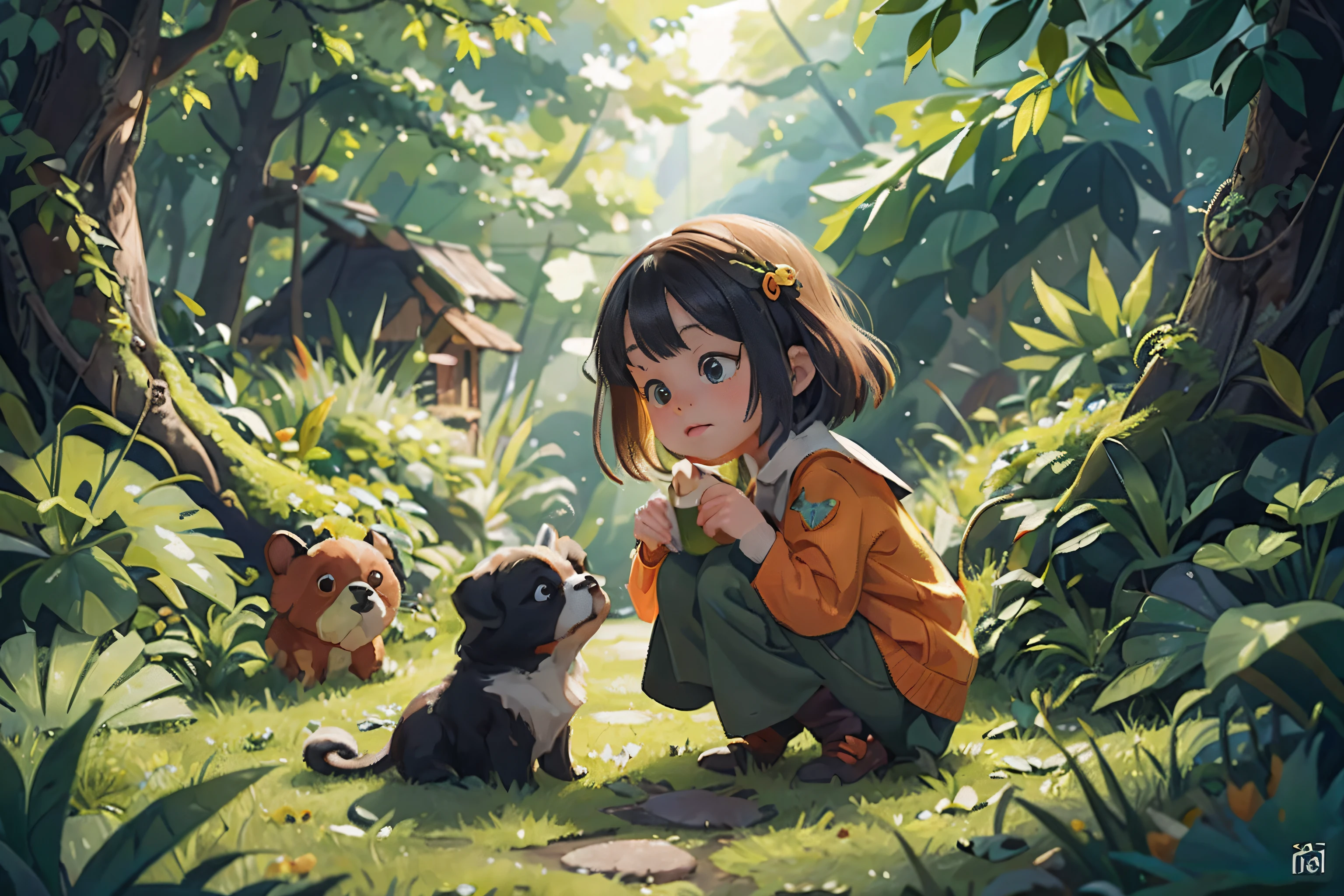 Foliage,ginko,Level,Foliage,green color,Orange colors,amarelo,illustration,high definition detail,Textured,planar, girl and a cute puppy,iintricate,ultra - detailed,tmasterpiece,