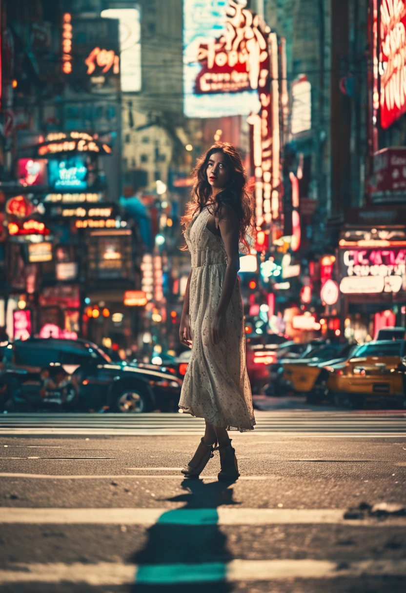 solo, black long dress, beautiful girl, beautiful face, night day, akihabara street, cinematic lighting, motion blur, wide shot, high details, masterpiece, best quality, soft lighting, low red light hit the face, film grain, shot on analog camera, boho wave hair, far away shot, full body shot, full portrait, wide angle, far away shot, small model