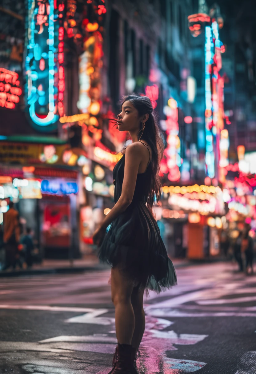 solo, black long dress, beautiful girl, beautiful face, night day, akihabara street, cinematic lighting, motion blur, wide shot, high details, masterpiece, best quality, soft lighting, low red light hit the face, film grain, shot on analog camera, boho wave hair, far away shot, full body shot, full portrait, wide angle, far away shot, small model
