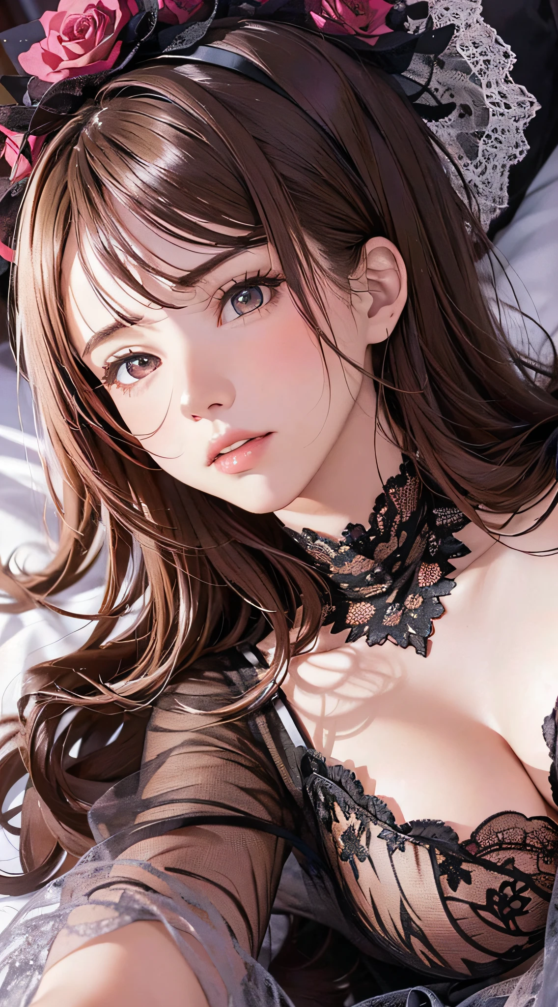 (1girl:1.3), cinematic light, (masterpiece, top quality, best quality, official art, beautiful and aesthetic:1.3), extreme detailed,highest detailed,(ultra-detailed),((an extremely delicate and beautiful)),
From above,(( lying on bed)),
solo, breasts, silky long hair, (brown hair), Rose flowers scattered all over the bed,
pale pink Lace nightware, open breast,