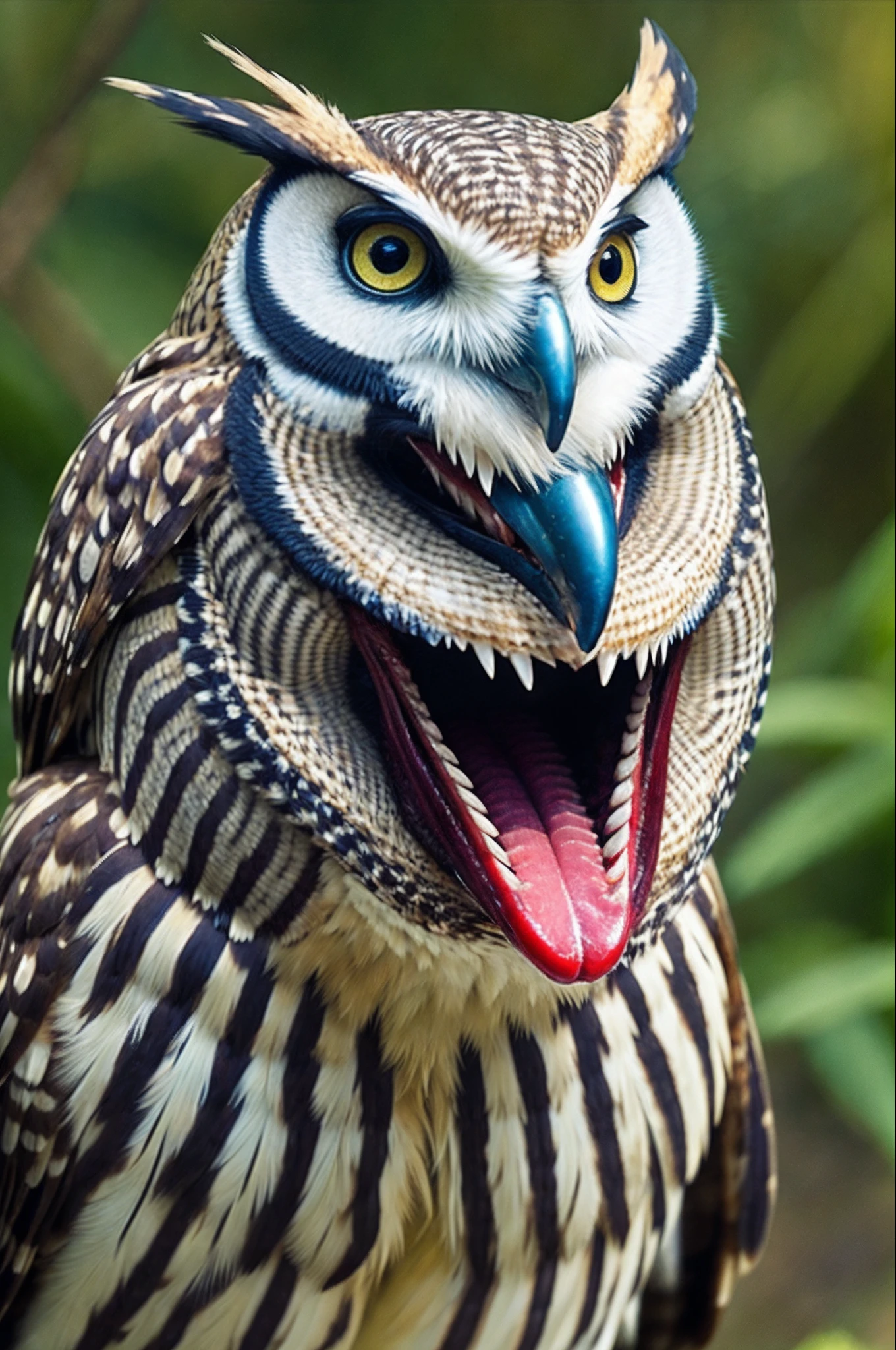 A very long viper, fierce, open mouth, very shiny, and an owl next to it