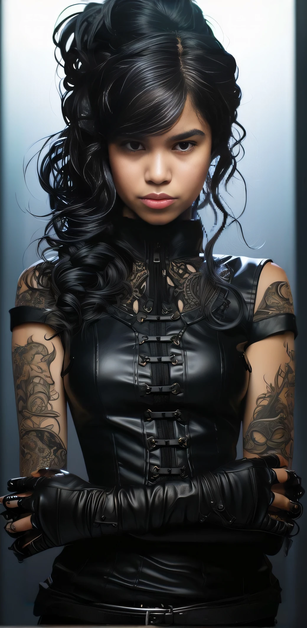 a close up of a woman with a tattoo on her arm, Fantasia sombria cyberpunk sedutora, ornamental gothic - cyberpunk, Jet Black Haired Cyberpunk , gothic and futuristic, gothic - cyberpunk, modelo bonito da mulher cyberpunk, Fotografia de uma mulher techwear, coletes e espartilhos, very beautiful goth top model, cyberpunk steampunk, diesel punk female, roupas de moda cyberpunk