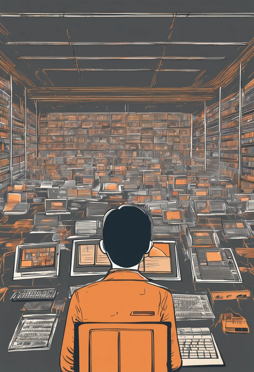 17-year-old teenager in an orange lab coat facing a blackboard teaching a school with computers and the technological environment, realista, humano, 4k, pessoas