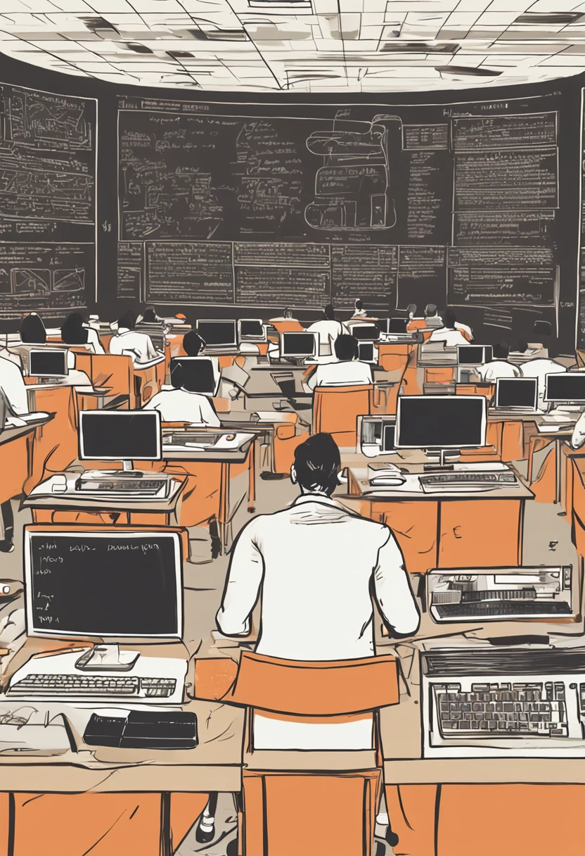 17-year-old teenager in an orange lab coat facing a blackboard teaching a school with computers and the technological environment, realista, humano, 4k, pessoas