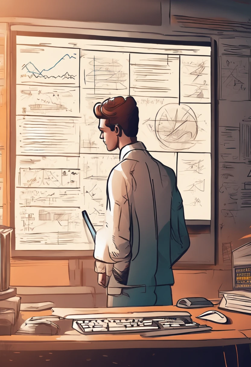 17-year-old teenager in an orange lab coat facing a blackboard teaching a school with computers and the technological environment, realista, humano, 4k, pessoas