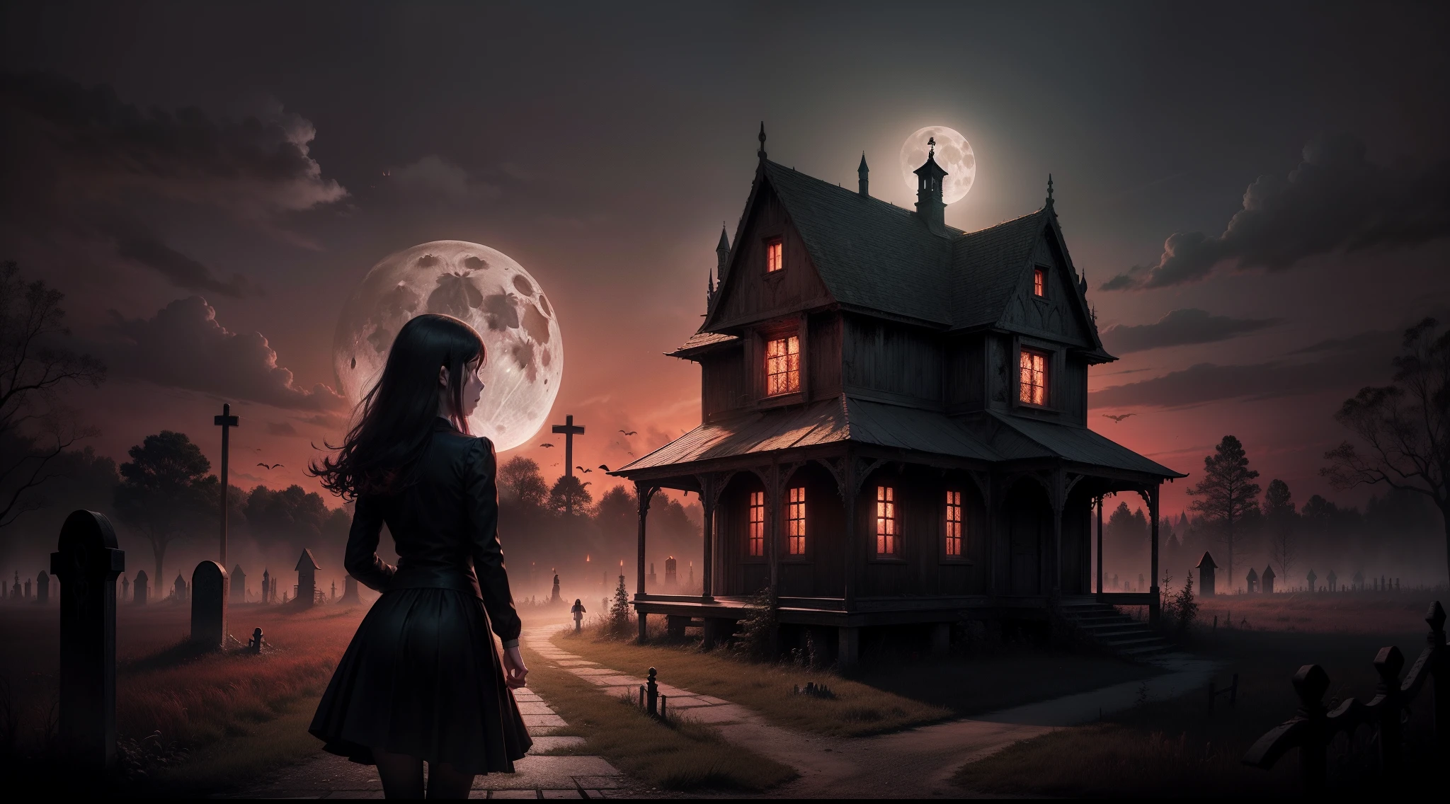 horror book cover, abandoned wooden gothic house with a graveyard, full moon, spooky atmosphere, halloween, red sky, 8 girl in foreground skipping up the path