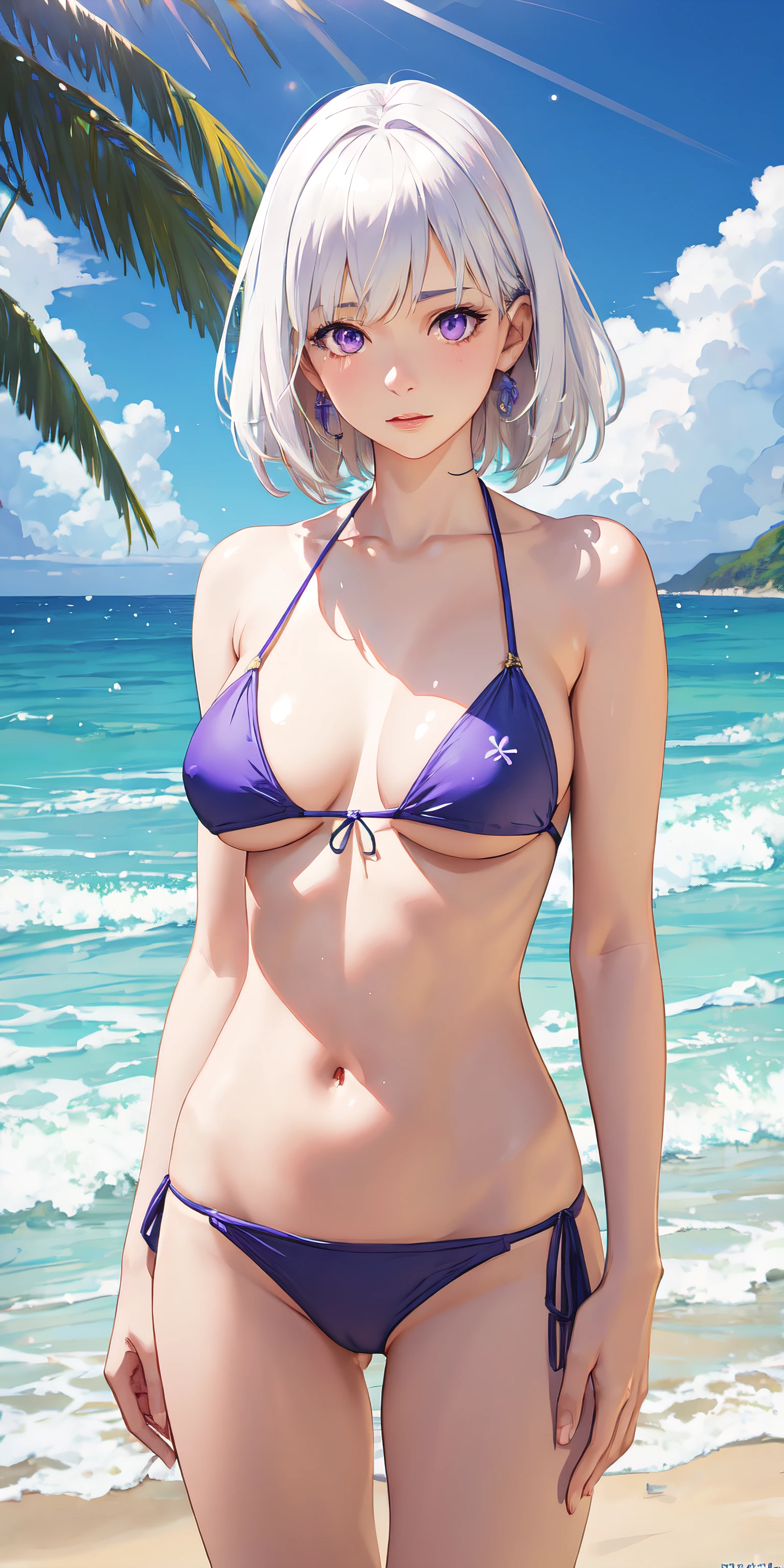 realistic, 1girl, white hair, purple eyes, bikini, beach, light particles, light rays, wallpaper