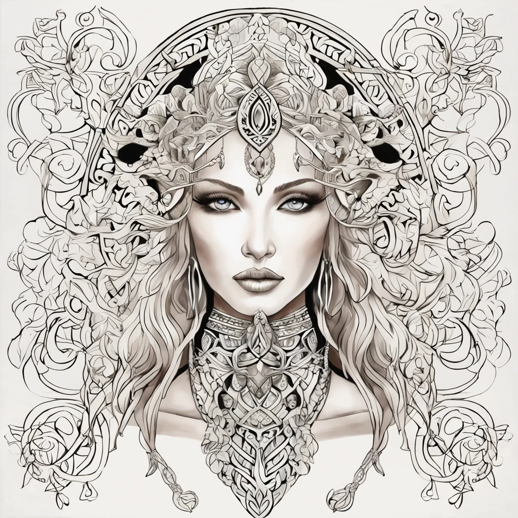 Beautiful Celtic princess warrior face, Completely drawn with blonde hair, Alfonso Dunn uses rich black line art with a contrasting white background