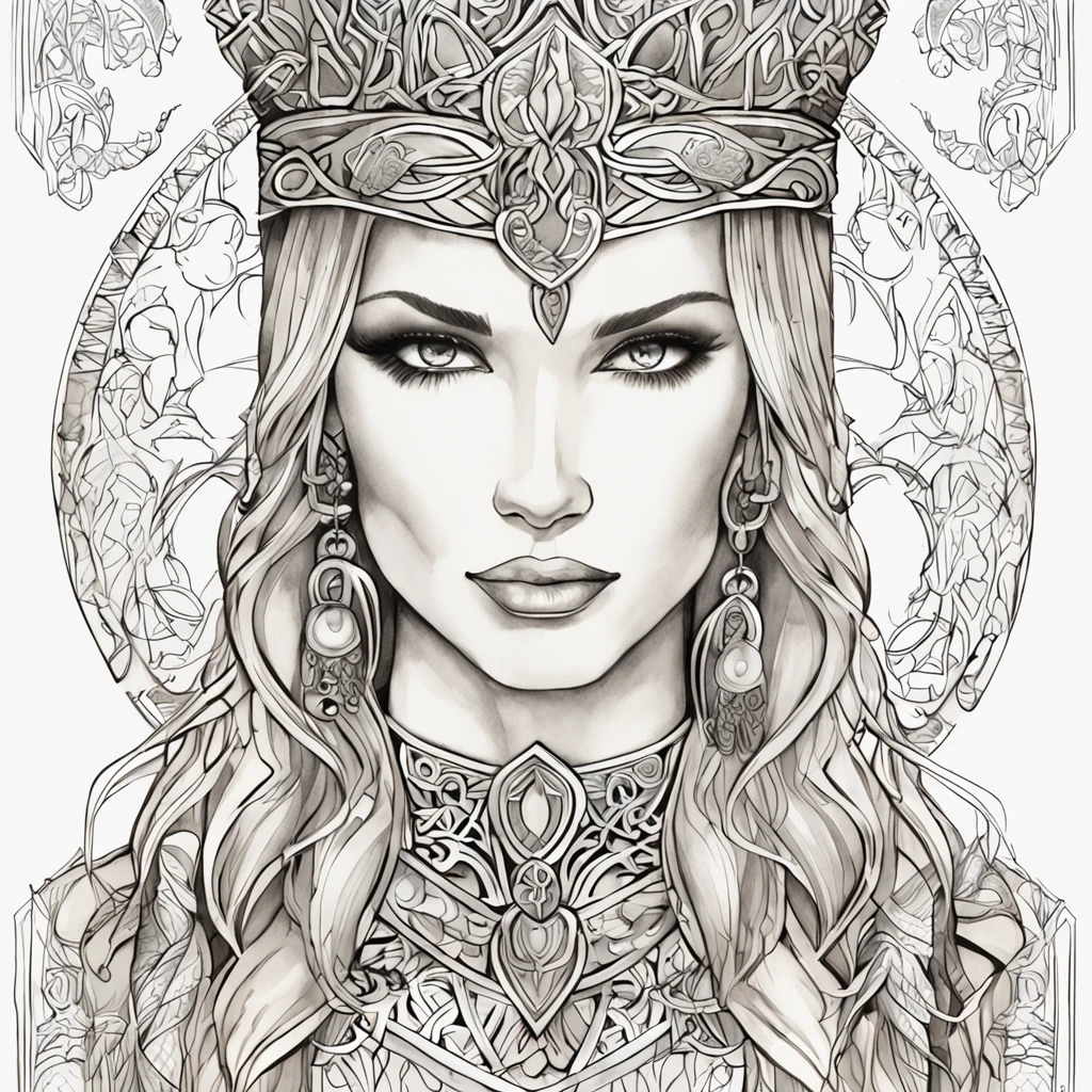 Beautiful Celtic princess warrior face, Completely drawn with blonde hair, Alfonso Dunn uses rich black line art with a contrasting white background