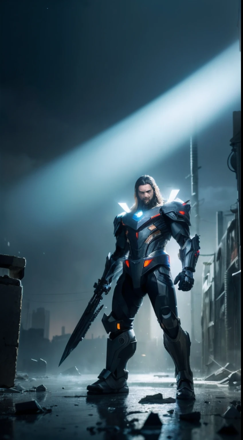 Male cyborg,(Full body posing:1.5), (colorful:1.2), Dynamic angle, (extremely detailed CG unity 16k wallpaper:1.1), (Denoising strength: 1.45), (tmasterpiece:1.37), ((ultra-detailed)), (oil paint), power armor, (epic), (steam), Only the upper body and head can be seen, (A magnificent scene), knight, shock, Warlord, war machine, Titan, in ruins, Jesus Light, grey sky, (detailed light), night, rainy, (illustration), from side, from below, god rays, sparkle, glowing light, ((best quality)), ((masterpiece))