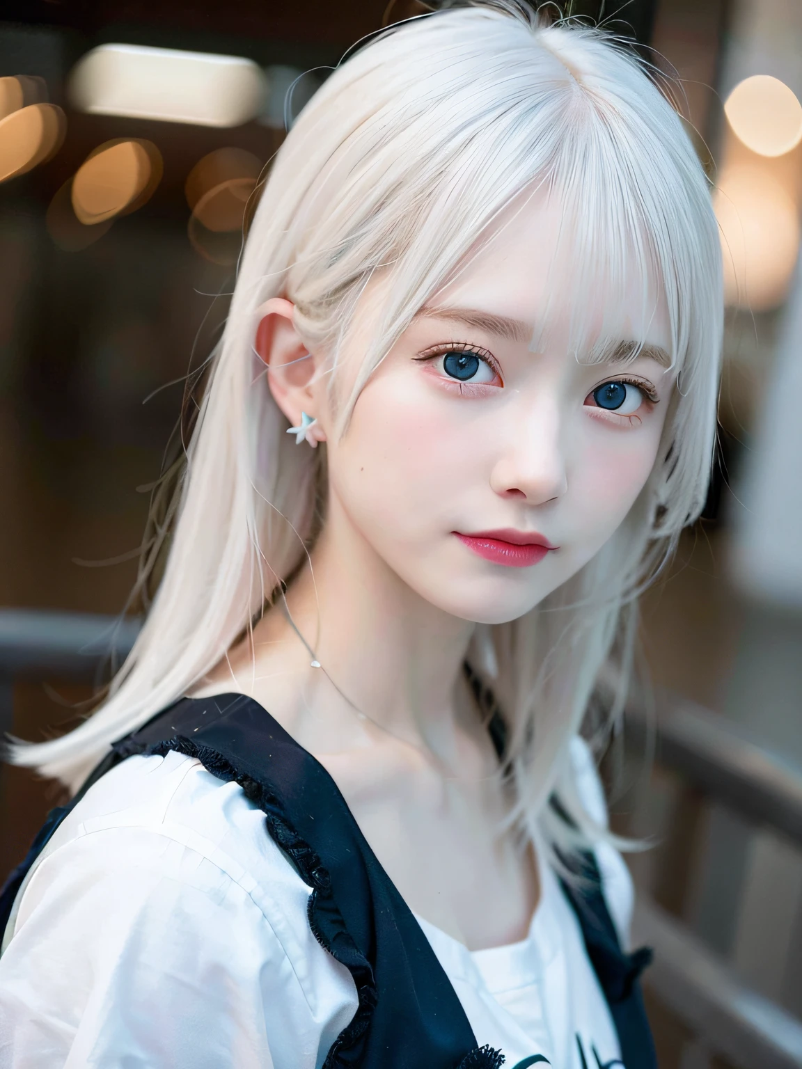 a close up of a person with a white shirt and blue eyes, perfect white haired girl, girl with white hair, cute natural anime face, white hime cut hairstyle, kawaii realistic portrait, realistic young anime girl, white-hair pretty face, anime girl in real life, long white hair and bangs, with white long hair, white haired, white-haired, clear face