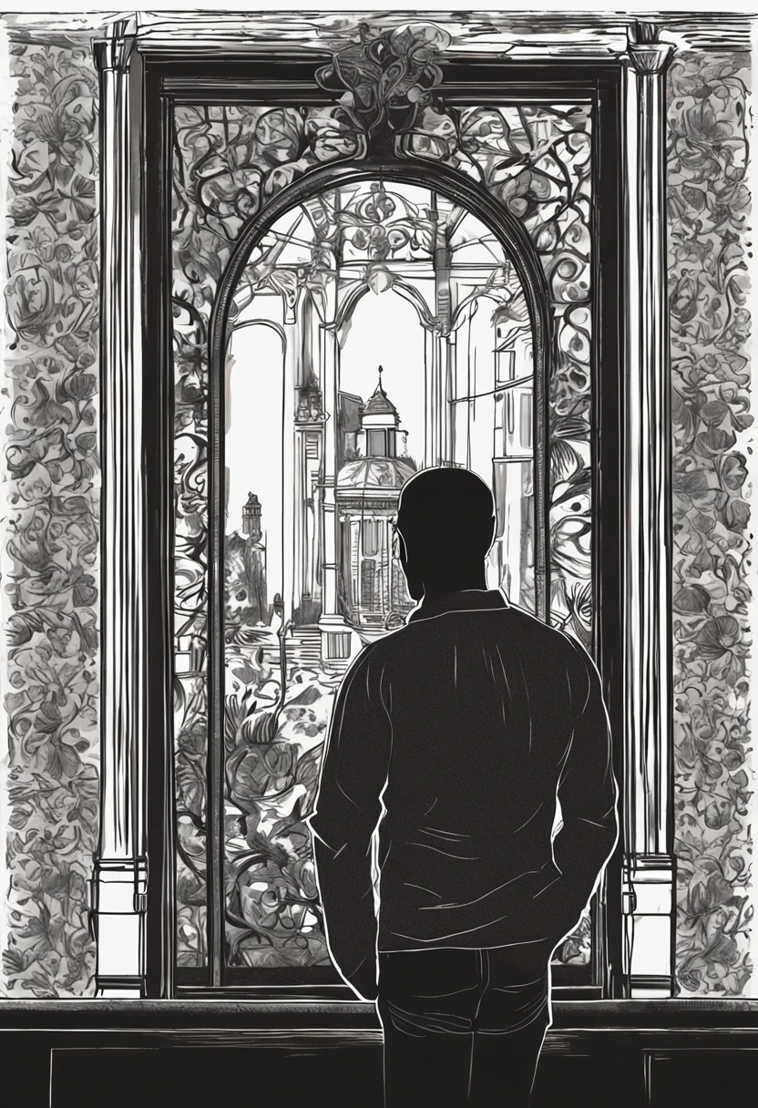 The Arad man in a black shirt stands in front of the mirror, Official illustration, Silhouette, silhoutte, silhouette of a man, looking in a mirror, silhouette of man, male art, looking in the mirror, Dark portrait, looking in a mirror, Detailed silhouette, Guviz-style artwork, Black silhouette, author：Sergio Burzi