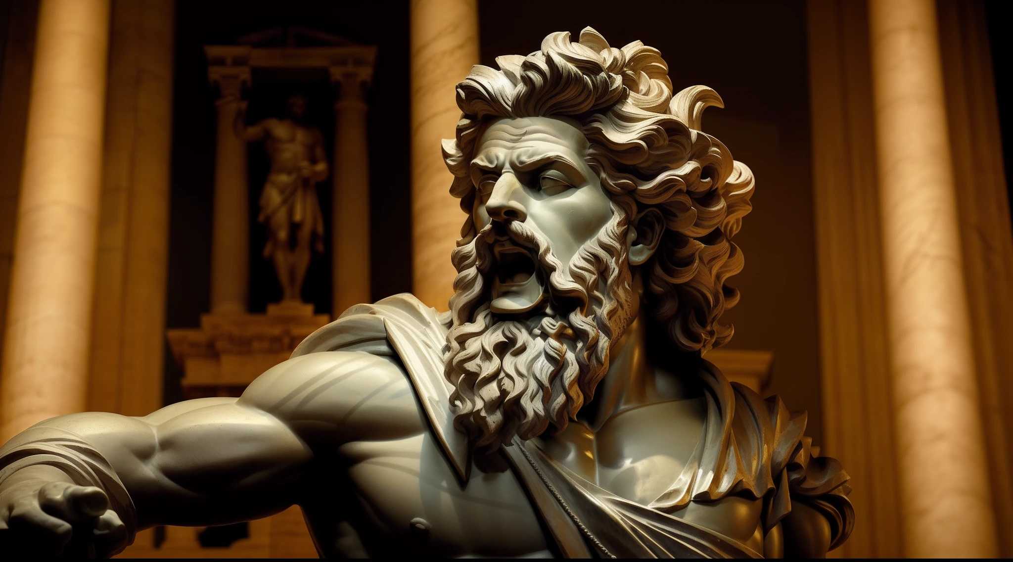 a close up of a statue of a man with a beard, statue of hercules looking angry, Furioso Deus Zeus, Escultura realista de 8K Bernini, epic scene of zeus, greco roman statue, Retrato de Zeus acidentado, ancient greek statue, an ancient greek statue, Escultura de argila CGI, Escultura grega antiga, deus grego, Greek statue, Greek marble statue, Escultura grega, Black background with lighting