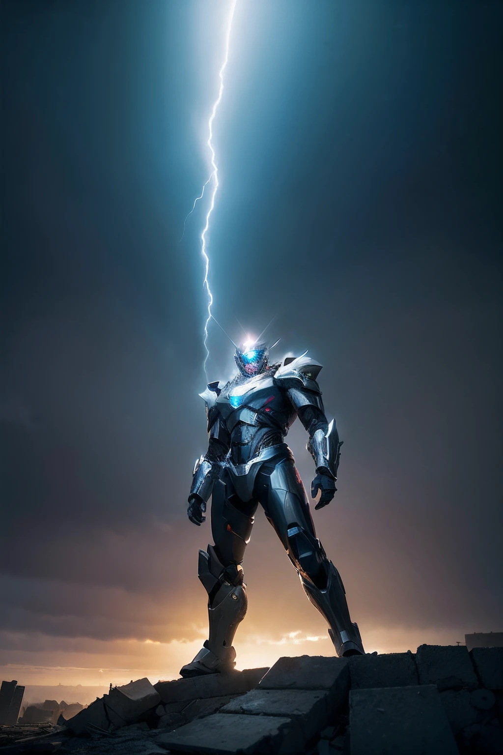 Male cyborg，(Full body posing:1.5), (colorful:1.2), Dynamic angle, (extremely detailed CG unity 16k wallpaper:1.1), (Denoising strength: 1.45), (tmasterpiece:1.37), ((ultra-detailed)), (oil paint), power armor, (epic), (steam), Only the upper body and head can be seen, (A magnificent scene), knight, shock, Warlord, war machine, Titan, in ruins, Jesus Light, grey sky, (detailed light), night, rainy, (illustration), from side, from below, god rays, sparkle, glowing light, ((best quality)), ((masterpiece))