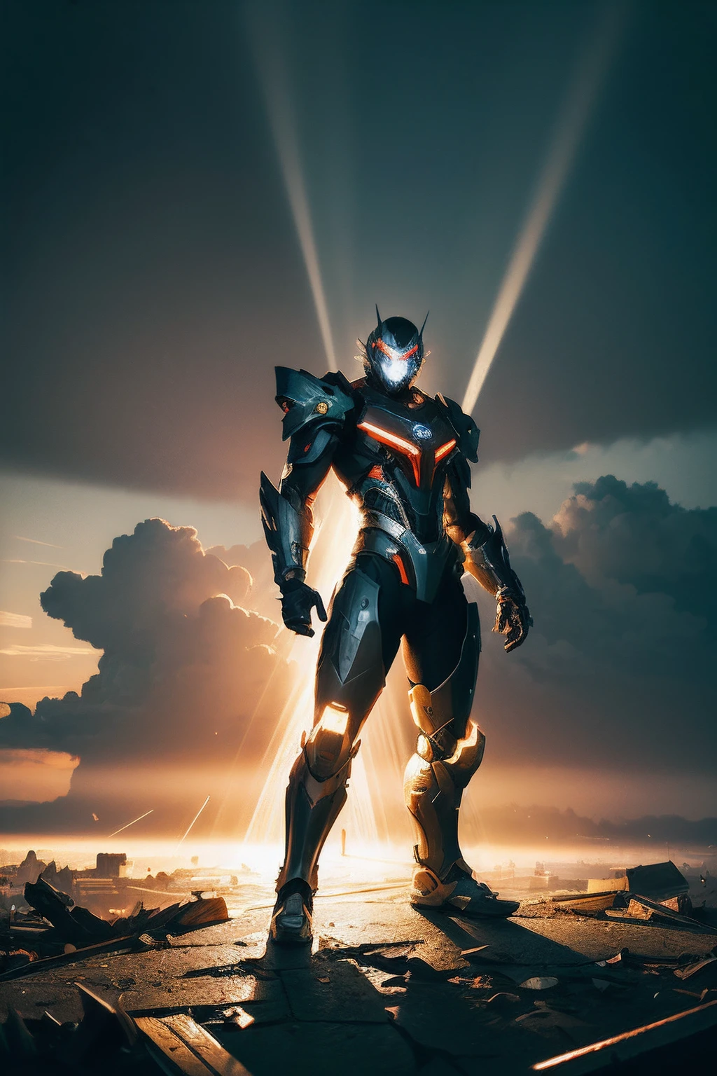 Male cyborg，(Full body posing:1.5), (colorful:1.2), Dynamic angle, (extremely detailed CG unity 16k wallpaper:1.1), (Denoising strength: 1.45), (tmasterpiece:1.37), ((ultra-detailed)), (oil paint), power armor, (epic), (steam), Only the upper body and head can be seen, (A magnificent scene), knight, shock, Warlord, war machine, Titan, in ruins, Jesus Light, grey sky, (detailed light), night, rainy, (illustration), from side, from below, god rays, sparkle, glowing light, ((best quality)), ((masterpiece))