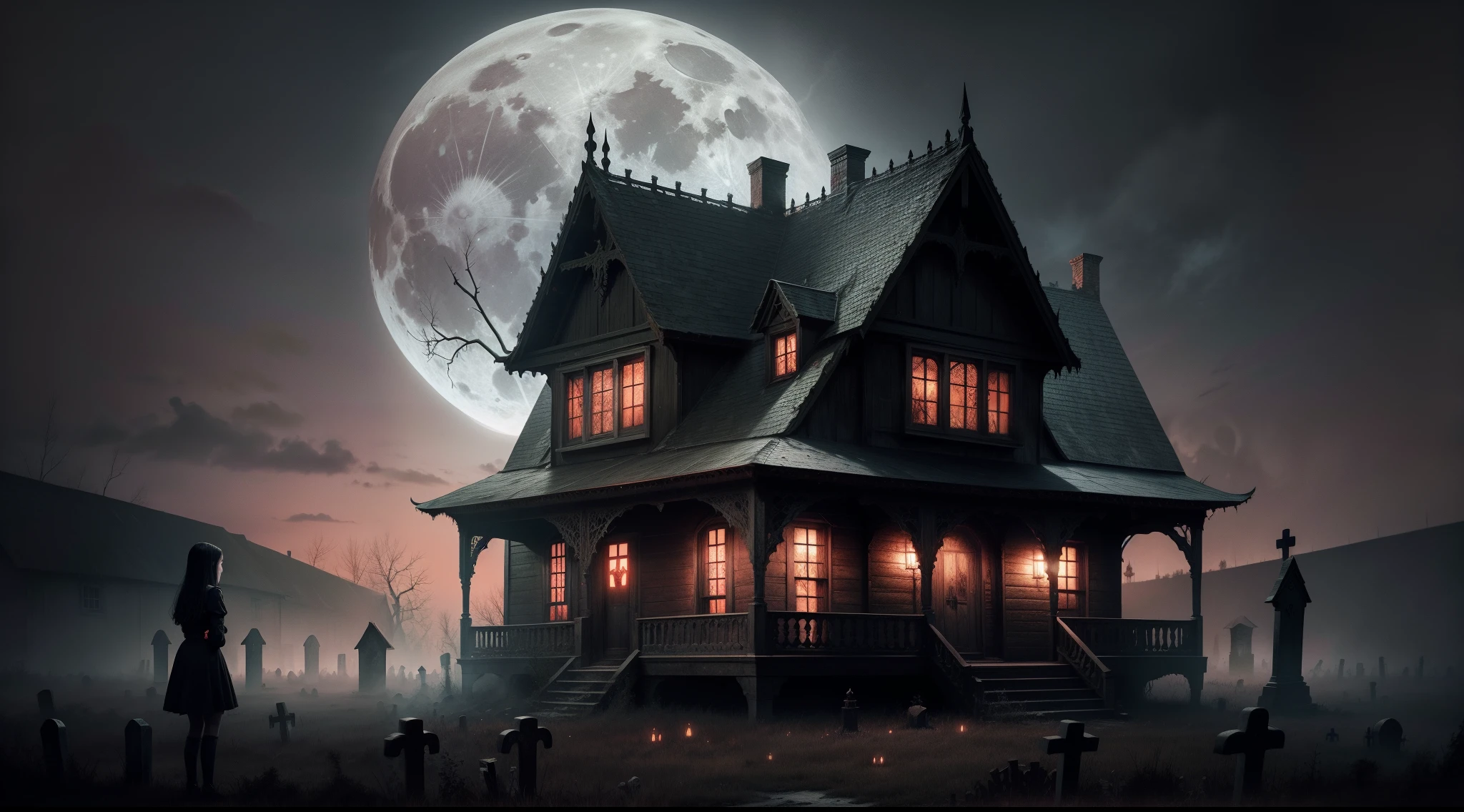 horror book cover, abandoned wooden gothic house with a graveyard, full moon, spooky atmosphere, halloween, red sky, 10 year old Wednesday Addams in foreground looking toward viewer