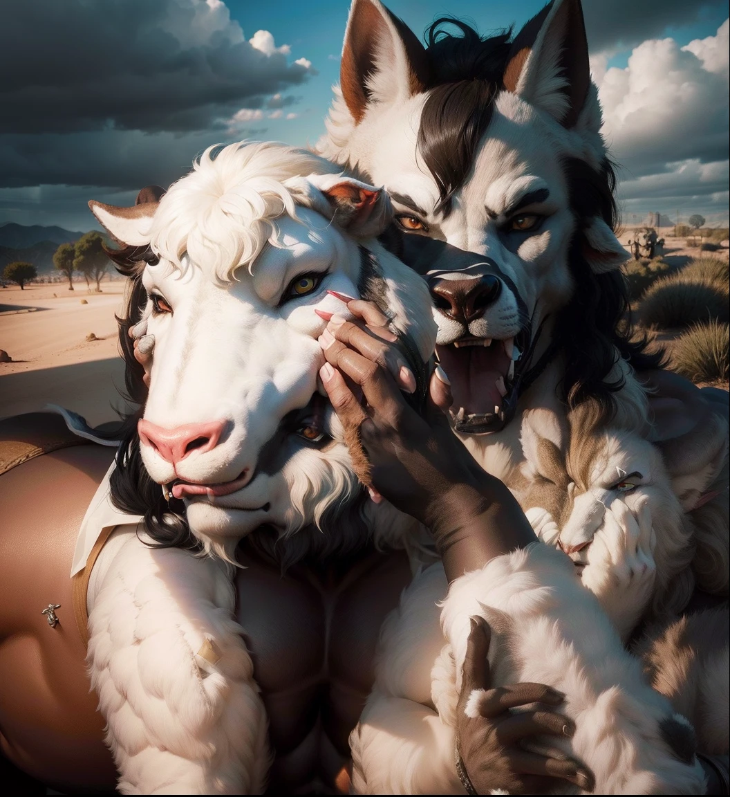 3D, lobo faminto e feroz, holding a sheep mask on his paws, rico em detalhes.