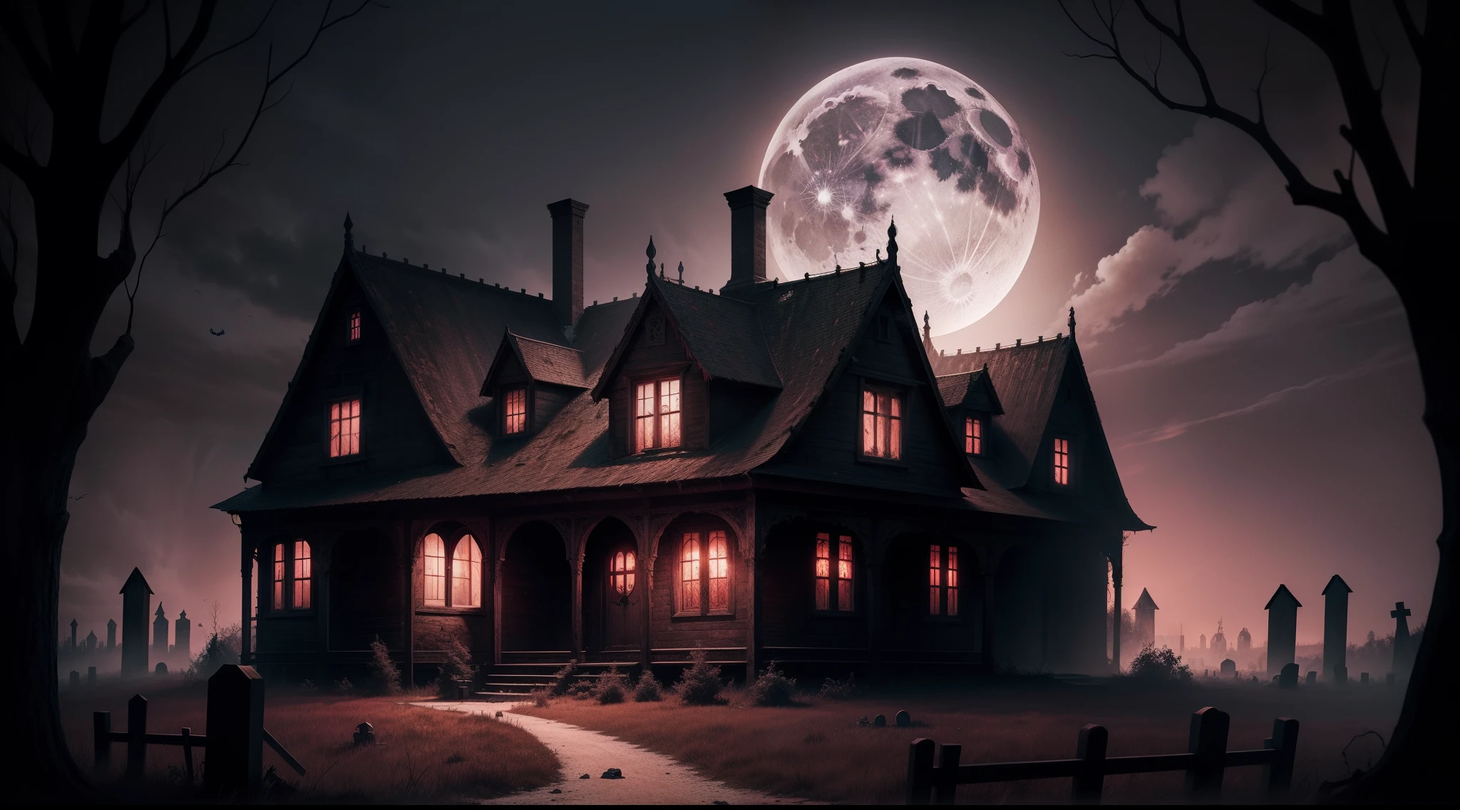 horror book cover, abandoned wooden gothic house with a graveyard, full moon, spooky atmosphere, halloween, red sky, Wednesday Addams in foreground looking toward viewer