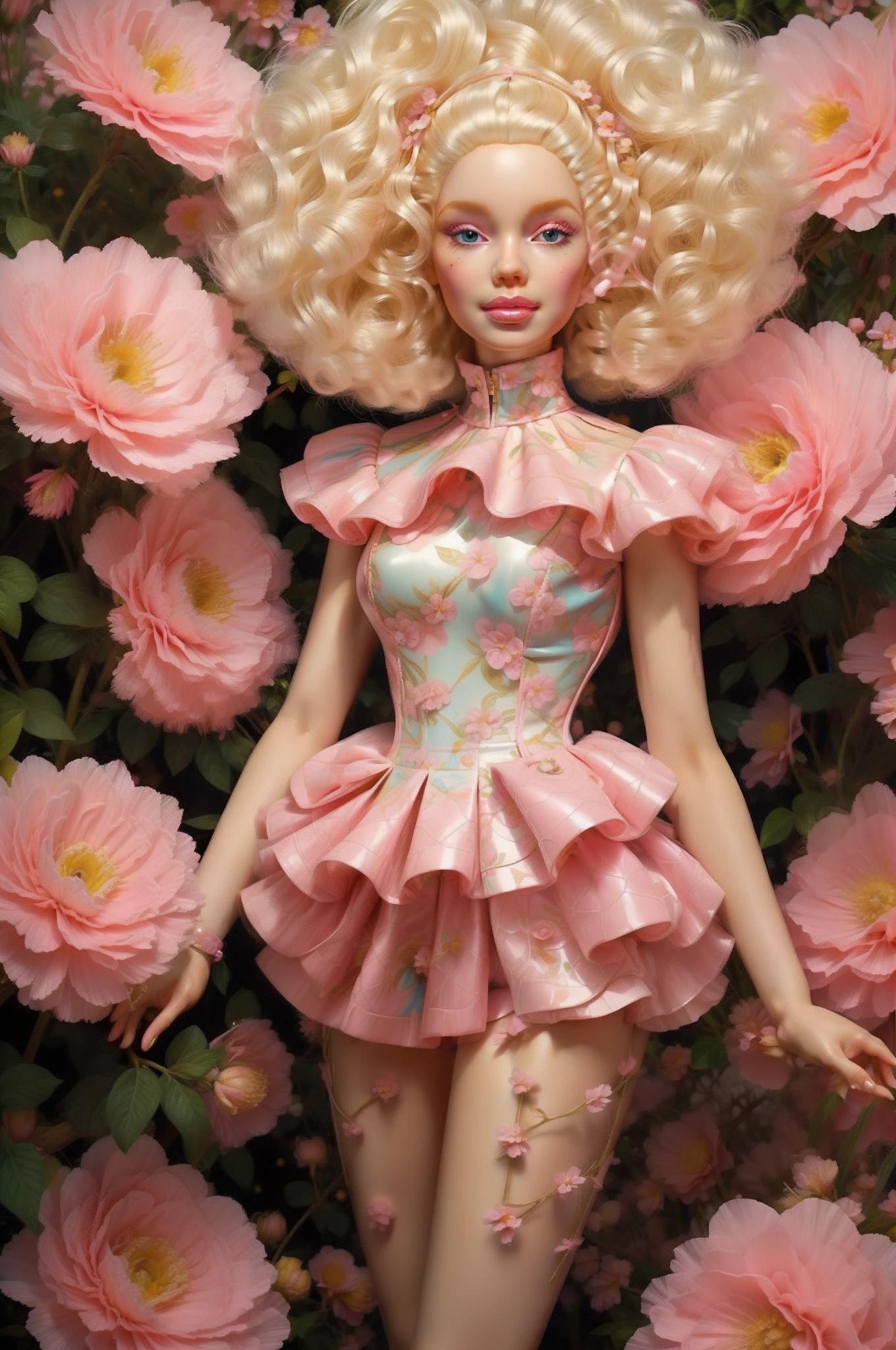 Barbie doll with blonde hair and pink dress in a bed of flowers SeaArt AI