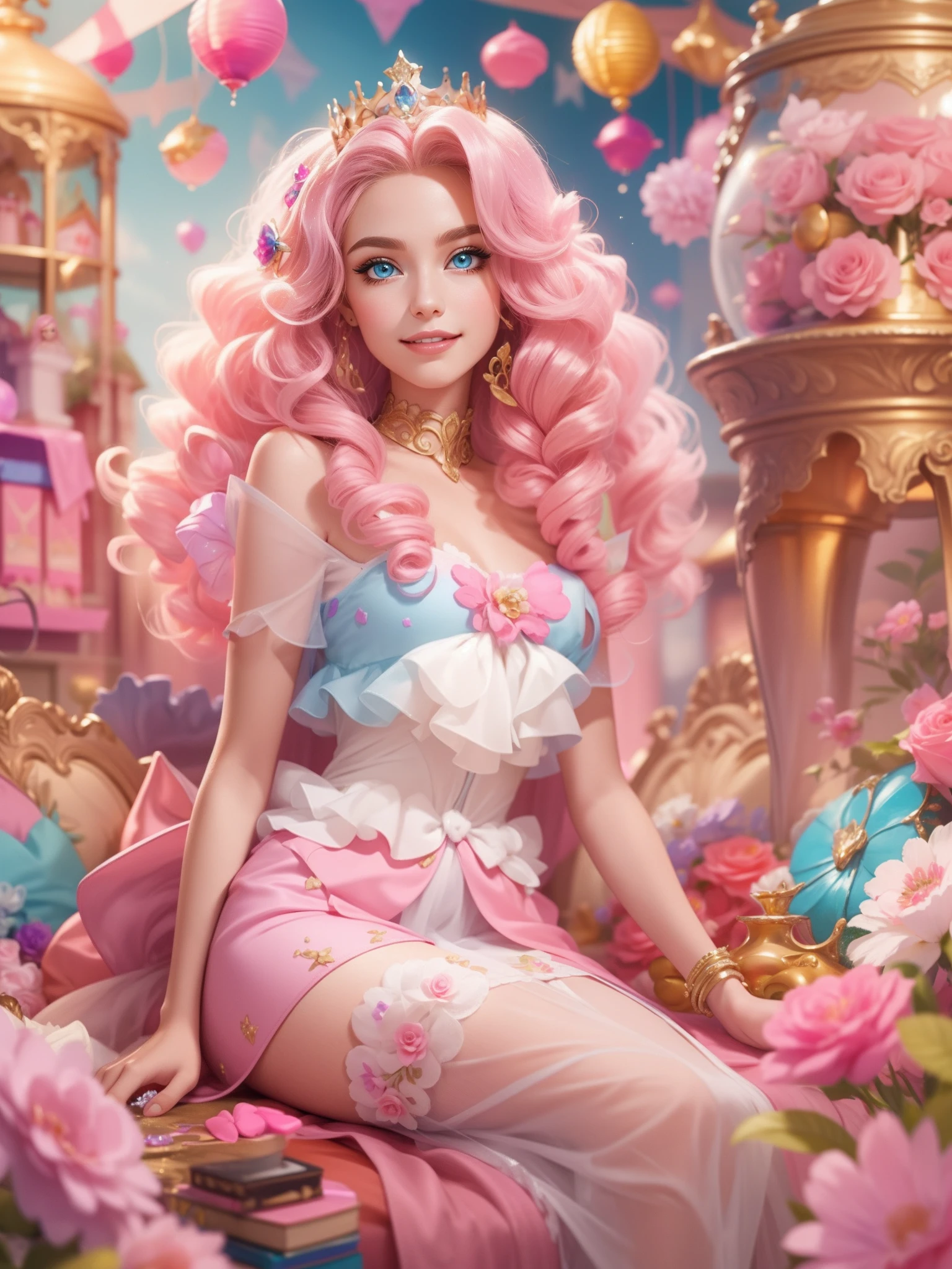 tmasterpiece，Best resolution，8k wallpaper，offcial art，barbiecore，golden curly hair，Pink crown，Charming princess，sparkle in eyes，The smile is bright，half-body portrait。The background is themed around the dream world of Barbie，There are rainbows、Sweets and a variety of beautiful flowers。In pink，Sweet，dream magical。