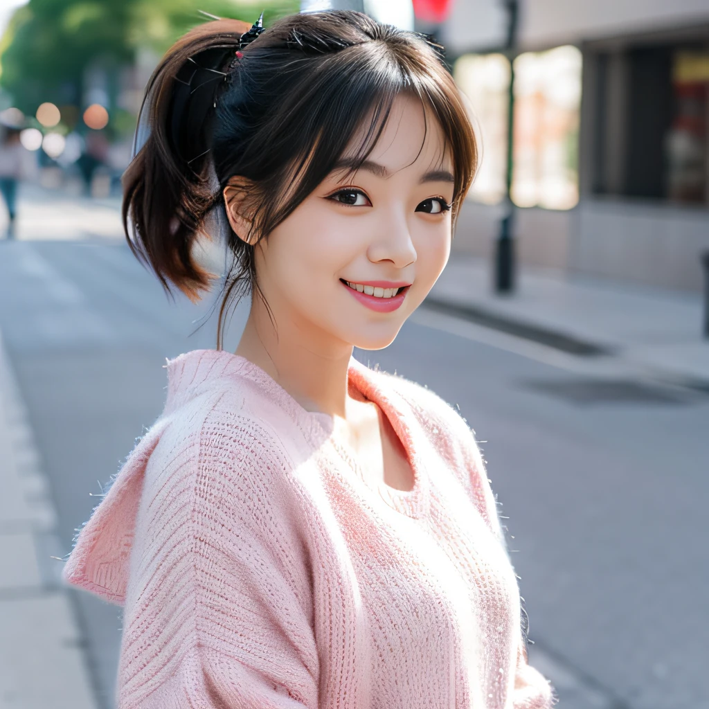 japanese, cute, smiling, pink lips, face looking camera, pony tail, trendy outfit