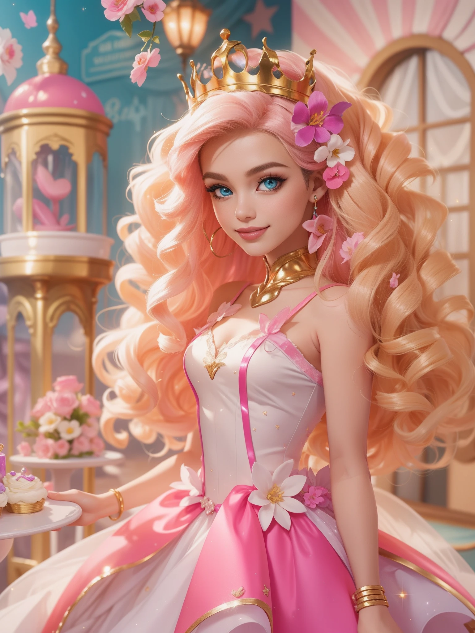 tmasterpiece，Best resolution，8k wallpaper，offcial art，barbiecore，golden curly hair，Pink crown，Charming princess，sparkle in eyes，The smile is bright，half-body portrait。The background is themed around the dream world of Barbie，There are rainbows、Sweets and a variety of beautiful flowers。In pink，Sweet，dream magical。