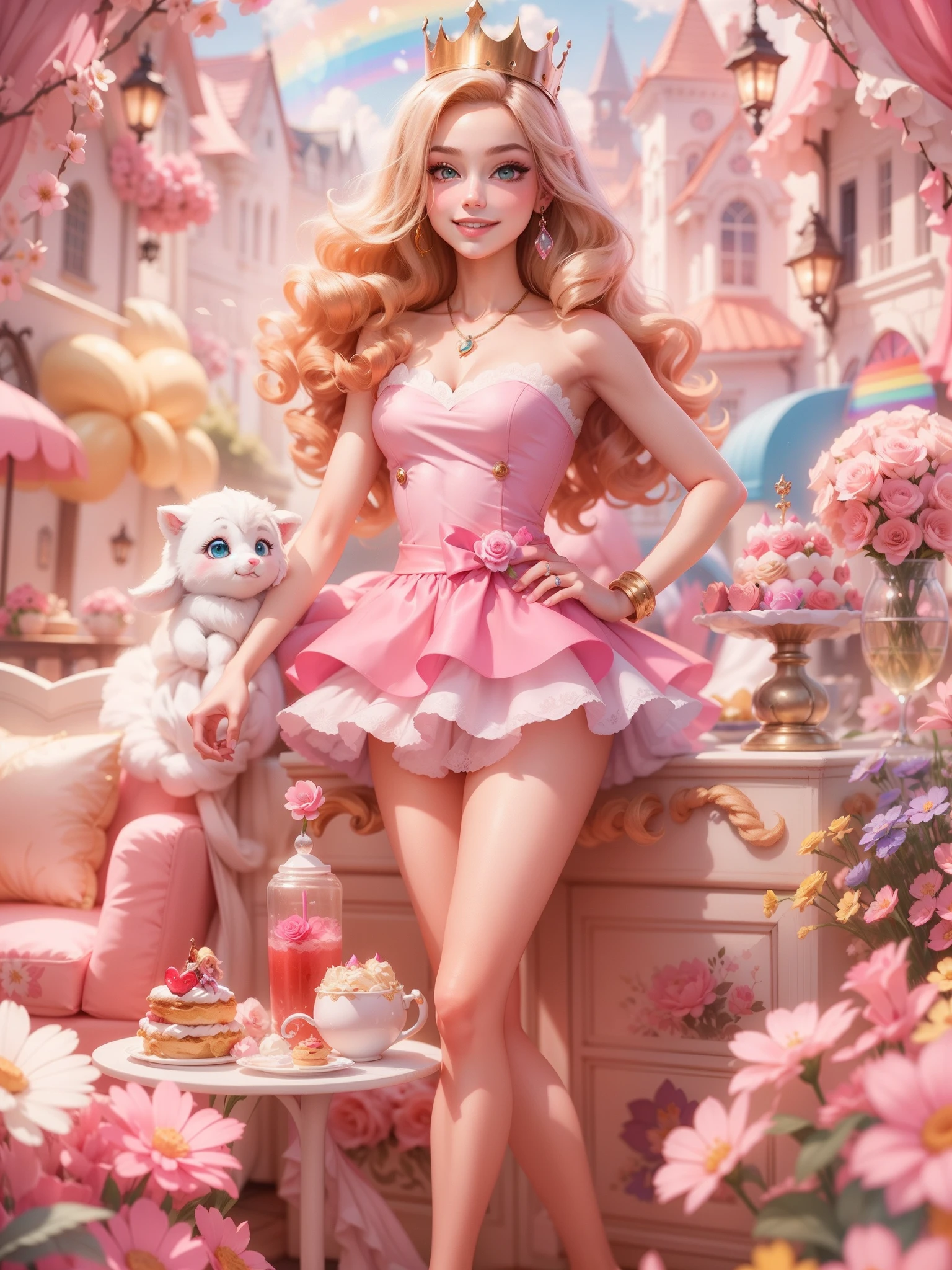 tmasterpiece，Best resolution，8k wallpaper，offcial art，barbiecore，golden curly hair，Pink crown，Charming princess，sparkle in eyes，The smile is bright，half-body portrait。The background is themed around the dream world of Barbie，There are rainbows、Sweets and a variety of beautiful flowers。In pink，Sweet，dream magical。