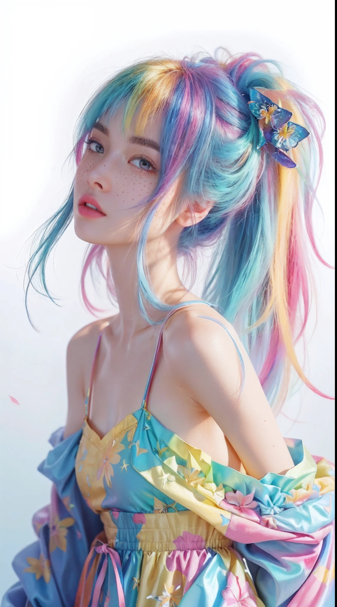 ((ultra detailed)),((Bright eyes)), (Detailed eyes) , 8k, blink blink, (The Little Faux Freckles Makeupgirl), ((realistic skin)), ((focus detailed 2 straps on the shoulders of dress)) , ((shiny facial skin)), with colorful hair and a colorful dress, rossdraws pastel vibrant, rossdraws cartoon vibrant, style anime 8k, beautiful portrait, artgerm colorful!!!, ! dream artgerm, beautiful anime girl, styled digital art, art wallpaper 8k, digital art, extremely detailed artgerm,