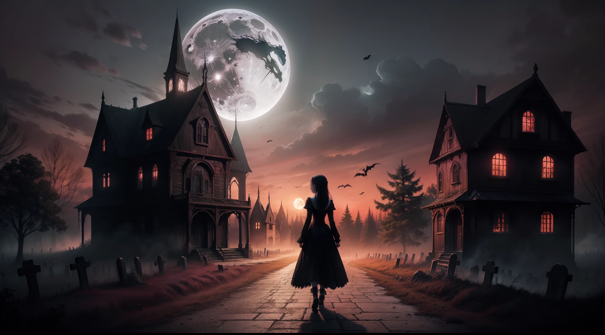 horror book cover, abandoned wooden gothic house with a graveyard, full moon, spooky atmosphere, halloween, red sky, 10 year old Wednesday Addams in foreground being chased by a werewolf