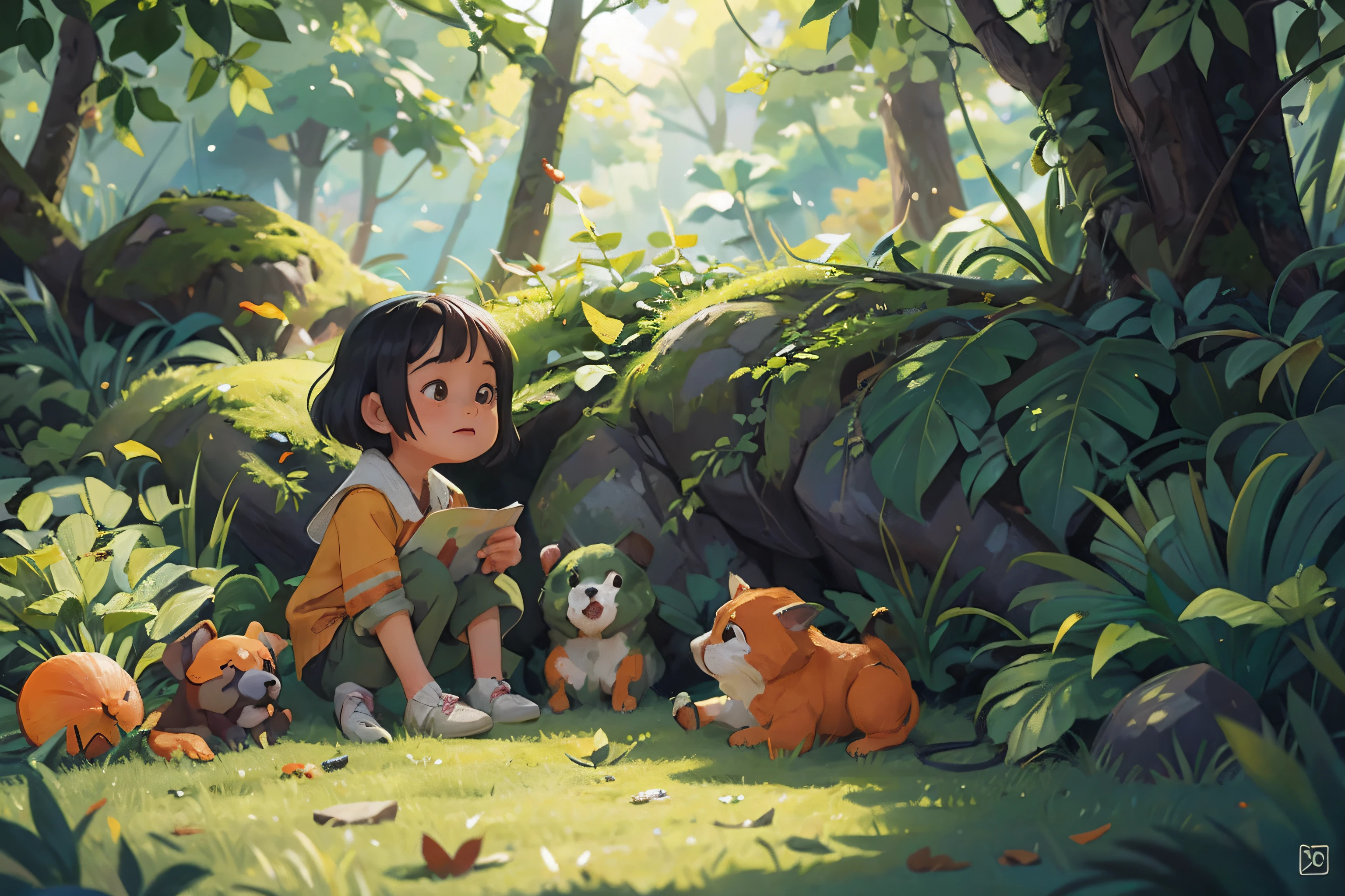 Foliage，ginko，Level，Foliage，green color，Orange colors，amarelo，illustration，high definition detail，Textured，planar， girl and a cute puppy，Warm，childhood，iintricate，ultra - detailed，tmasterpiece，