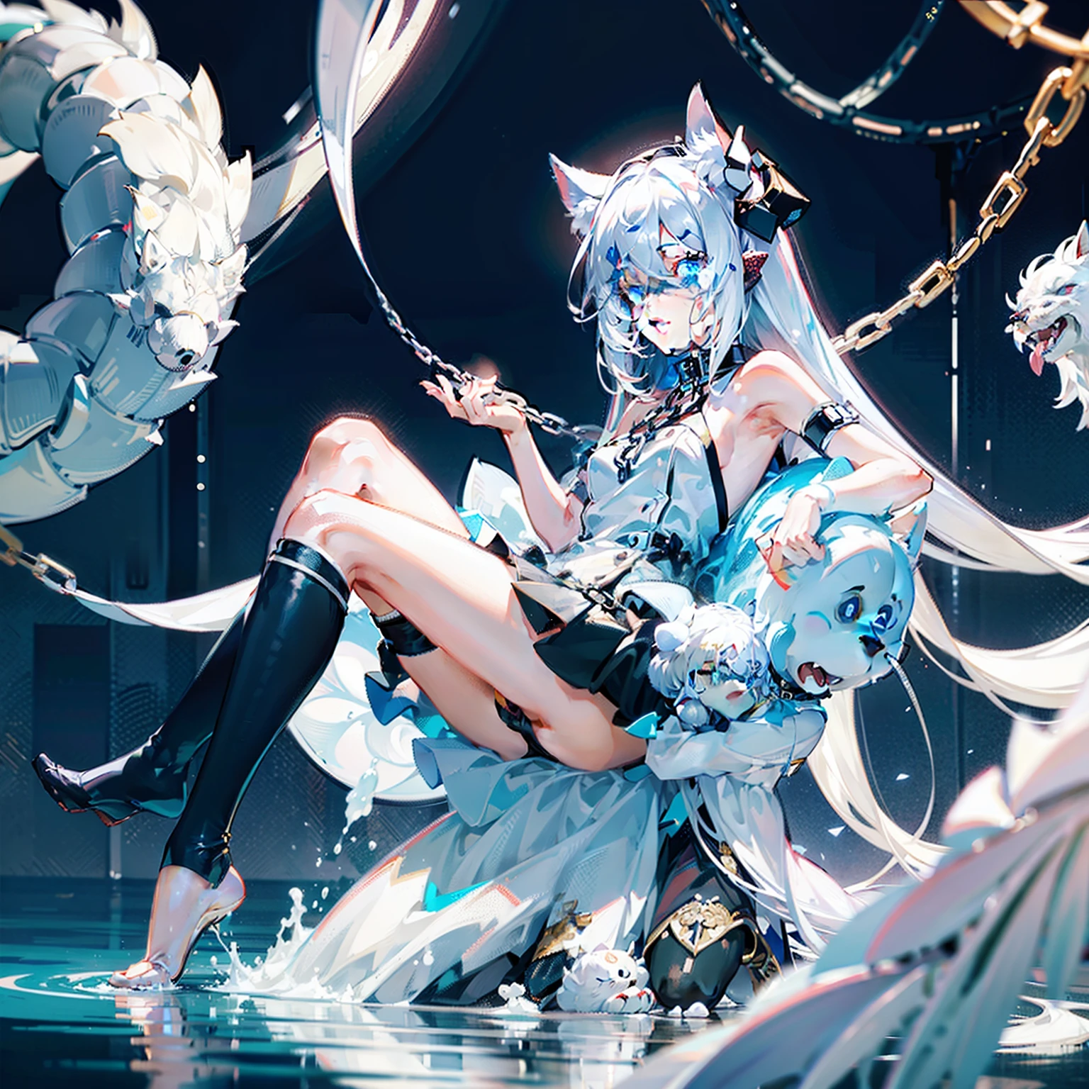 The girl has white hair,A dragon's tail grows from the girl's ass,Blue eyes,with two legs,The girl's face is human,hands raised overhead,Expose the armpits。White stockings on her legs,The girl was not dressed,The girl's private parts were covered by chains,white liquid on your face。There is a white liquid on the body。There is a white liquid next to the girl。A dog collar around his neck。The dog collar is connected with a chain。The girl opened her mouth wide,Sticking out his tongue,Bare shoulders and abdomen,The girl gasped。Slim legs,delicated face,The girl has white liquid on her face,Small and delicate feet。The thighs and calves are fully presented in front of me。No shoes on,The girl has a collar on her ankle,The collar is connected by a chain。The girl has a collar on her thigh,The collar is connected by a chain,There is a lot of white liquid on the girl。There was a black tentacle wrapped around the girl's abdomen,