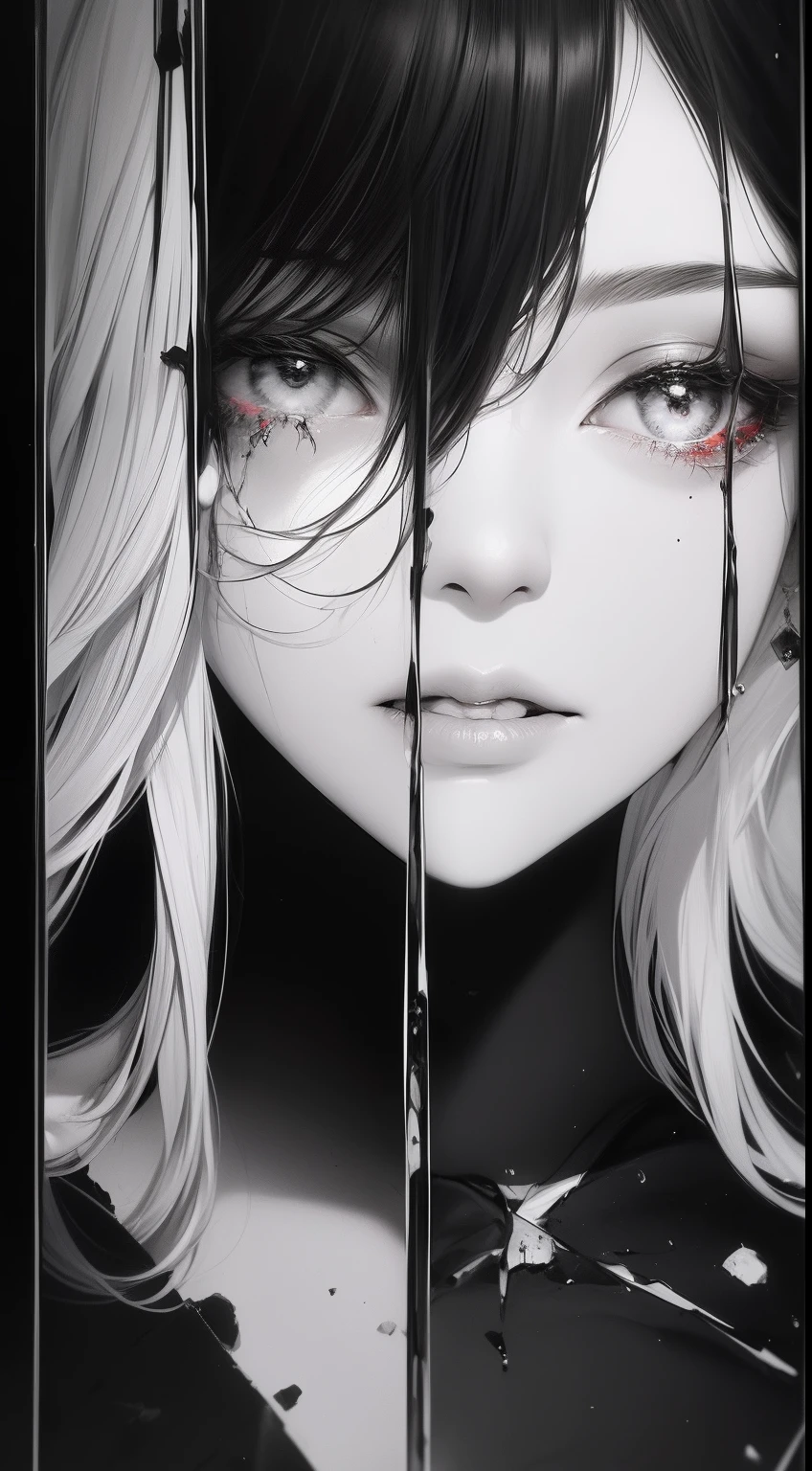 black andwhite，Absolutely beautiful woman，Bust，Broken mirror，Black and white splitting，Red tears，Black and white painting，Broken，sublevel，Black and white，Eroded by darkness and light，对称