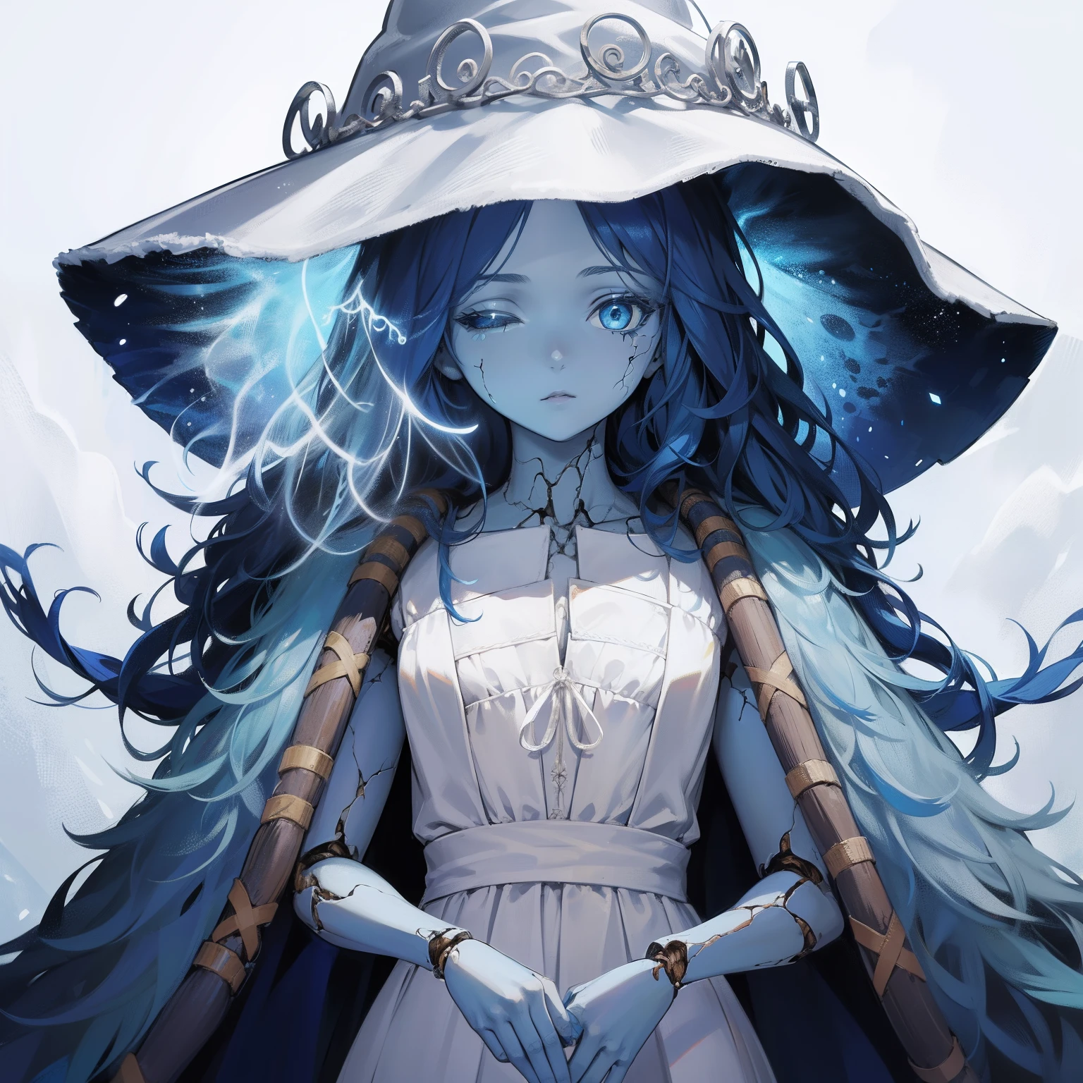 Ranni, 1girl, wavy hair, blue skin, cracked skin, extra arms, extra faces, doll, joints, doll joints, white dress, hat, cloak, extra arms, blue hair, wavy hair, blue eyes, perfect anatomy, solo