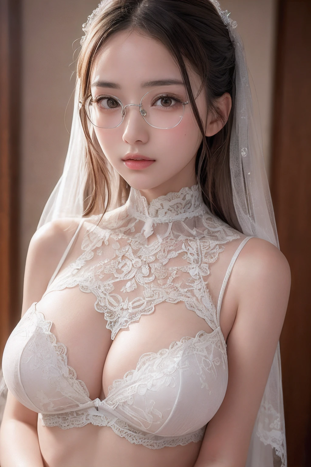 best qualityer、tmasterpiece、超高分辨率、Realistic、1 rapariga、glowy skin、((hyper realistic detailed))、Global illumination、8K、huge tit、High intricate details、Realistic light、shinning eyes、Transparent lace,lace see-through,Silver glasses,