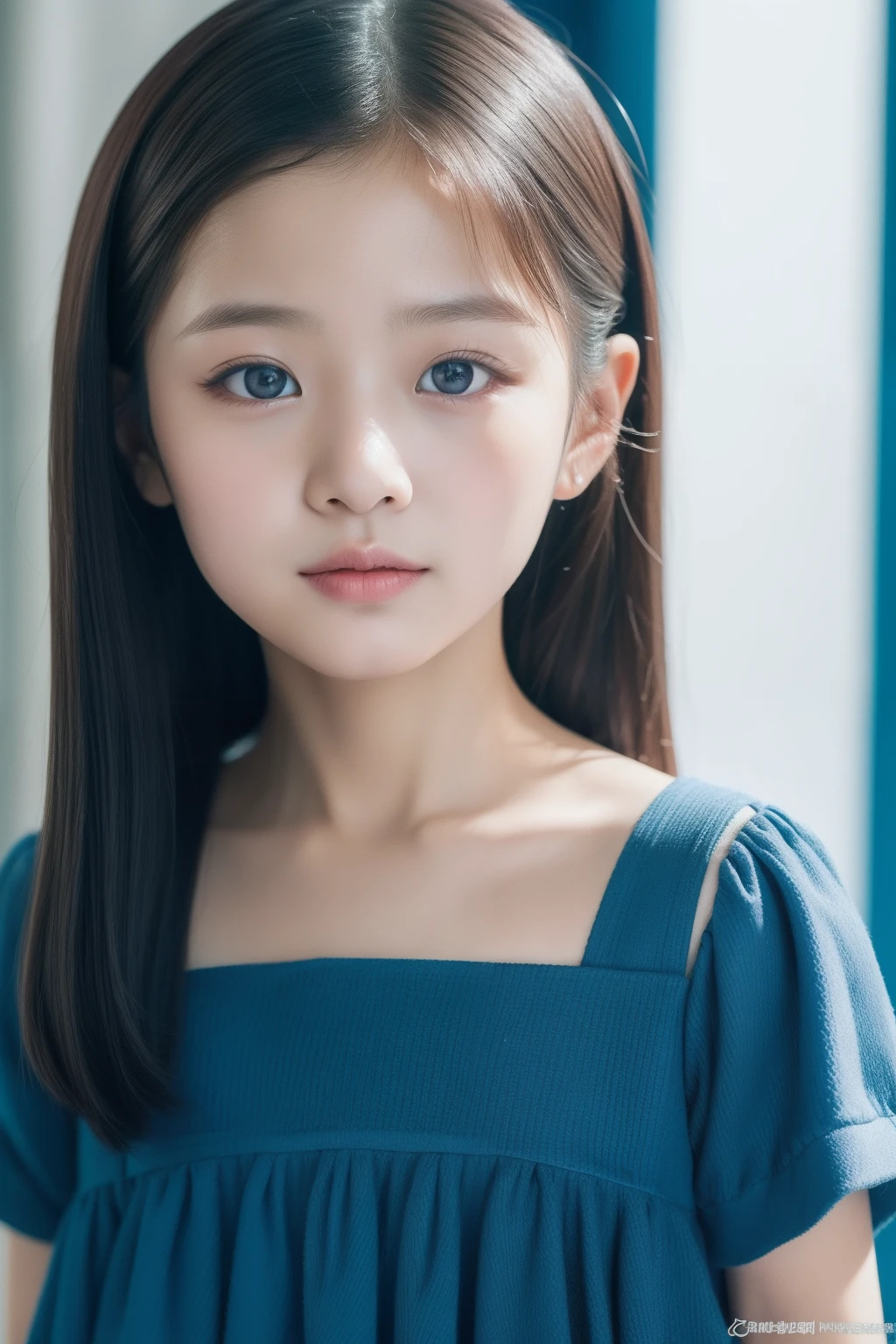 Close-up of a 5 year old girl in a blue dress, an album cover inspired by Song Maojin, Instagram, Realism, young wan angel, wan adorable korean face, tzuyu from twice, Cai Xukun, Korean girl, She has a cute face, bae suzy, Shin Jinying, ulzzangs, Ruan cute vtuber, jaeyeon nam