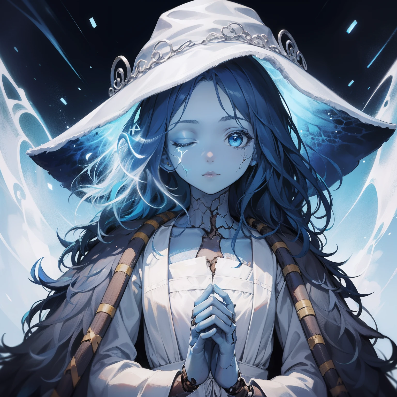 Ranni, 1girl, wavy hair, blue skin, cracked skin, extra arms, extra faces, doll, joints, doll joints, white dress, hat, cloak, extra arms, blue hair, wavy hair, blue eyes, perfect anatomy, solo