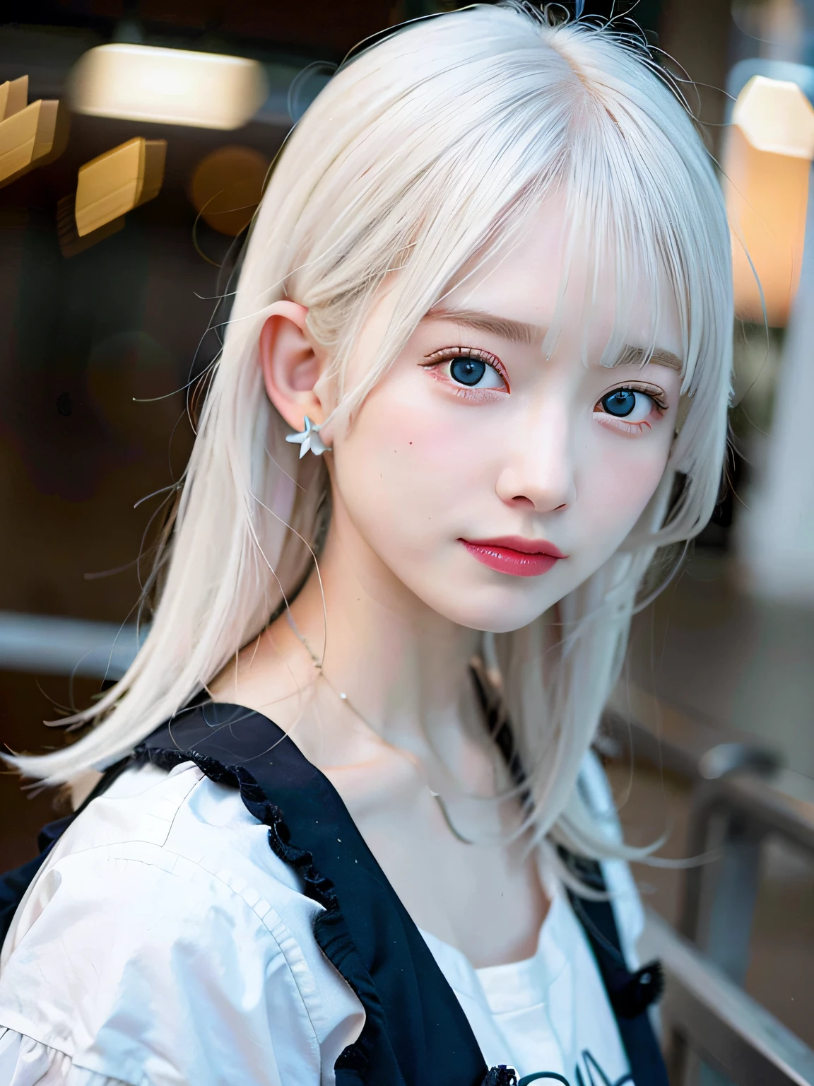 a close up of a person with a white shirt and blue eyes, perfect white haired girl, girl with white hair, cute natural anime face, white hime cut hairstyle, kawaii realistic portrait, realistic young anime girl, white-hair pretty face, anime girl in real life, long white hair and bangs, with white long hair, white haired, white-haired, clear face, fix ear, necklace, realistic
