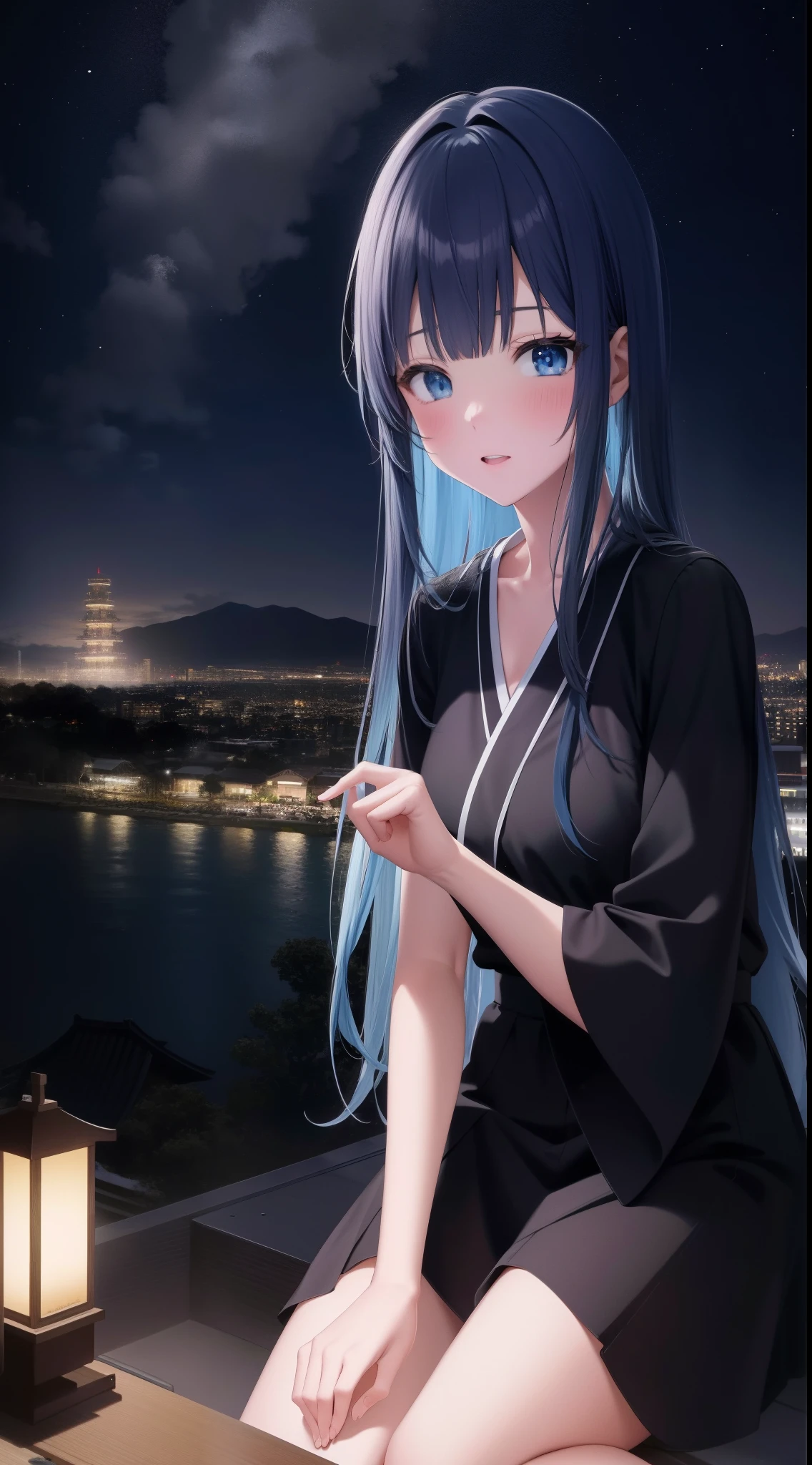 Anime girl sitting on windowsill,, style of anime4 K, 4K anime wallpaper, Anime style. 8K, Anime wallpaper 4 k, Anime wallpaper 4K, Beautiful anime girl, Anime art wallpaper 8 K, Anime art wallpaper 4 K, Anime art wallpaper 4k, anime moe art style, anime styled digital art, nightcore,Shoko Makinohara,Two-dimensional painting style,,Long straight blue hair,blueneyes,Kamakura River Island night view, Japan,2D Beautiful Girl