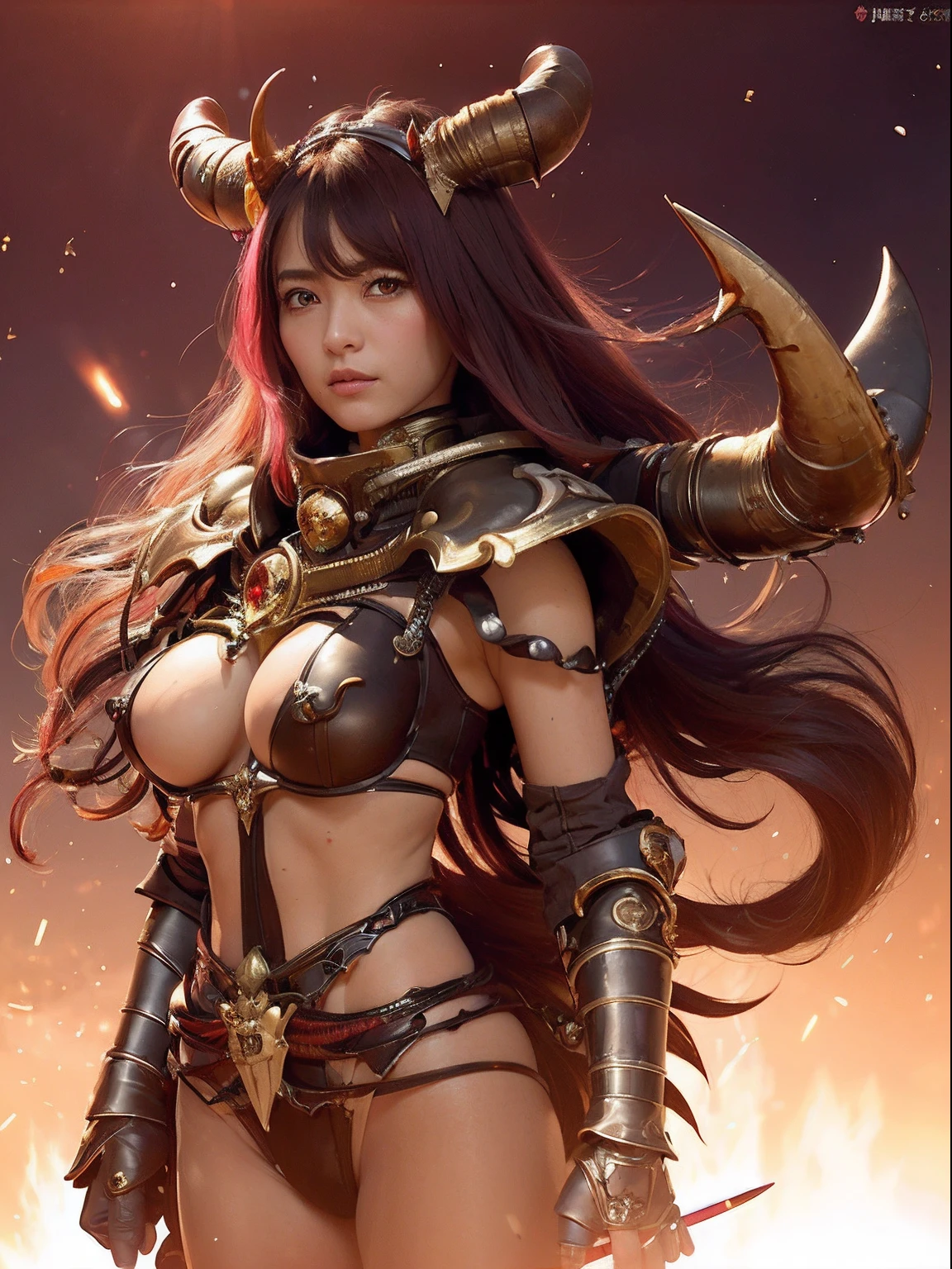 Professional , masterpiece、top-quality、photos realistic , depth of fields 、(A dark-haired) 、(Gemstone Pink Metal Body:1.4),(Matte Pink White、Jewel Gold Weapon、(maikurobikini),Gorgeous metal weapons ,Particles of light、(Fight dragons)、(Black wings)、(( Detailed and gorgeous sword of the brave)) ,Light Effects、intense fighting、Wind-effect、magic circles、 (A dark-haired) ,Fight legions of soldiers in skeleton armor 、With the legendary magic wand、Dragon's tail、explosions、((maikurobikini))、((Gangle's forest background))、Beautiful Caucasian beauty、1a person、dynamic ungle,(((Details of the two demon horns on the head)))、Smaller head、A smile、Background inside the castle、Thin and beautiful female hands、cleavage of the breast、Mystical expression、Light Effects、Wind-effect、(wingspan)、Toostock、Anatomically correct body、Battle Pose、