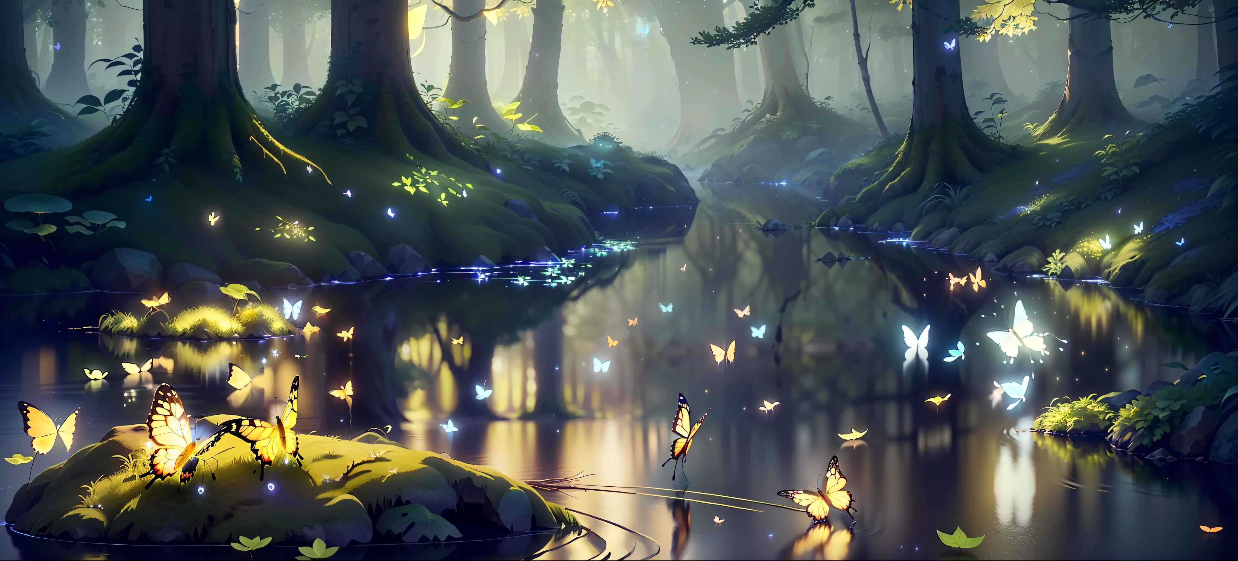 A masterpiece, the best quality, stunning reflections, the best reflections ever. (very detailed CG unity 8k wallpapers), (best quality), (best illustrations), (best shadows), forest theme with natural elements. Tall trees, quiet streams, small glowing mushrooms surrounded by delicate leaves and branches, with fireflies and glowing particle effects,, (natural elements), (jungle theme), (leaves), (twigs), (fireflies), butterflies, (delicate leaves), (glow), (particle effects). , Isometric 3D, Octane Rendering, Ray Traced, Super Detailed