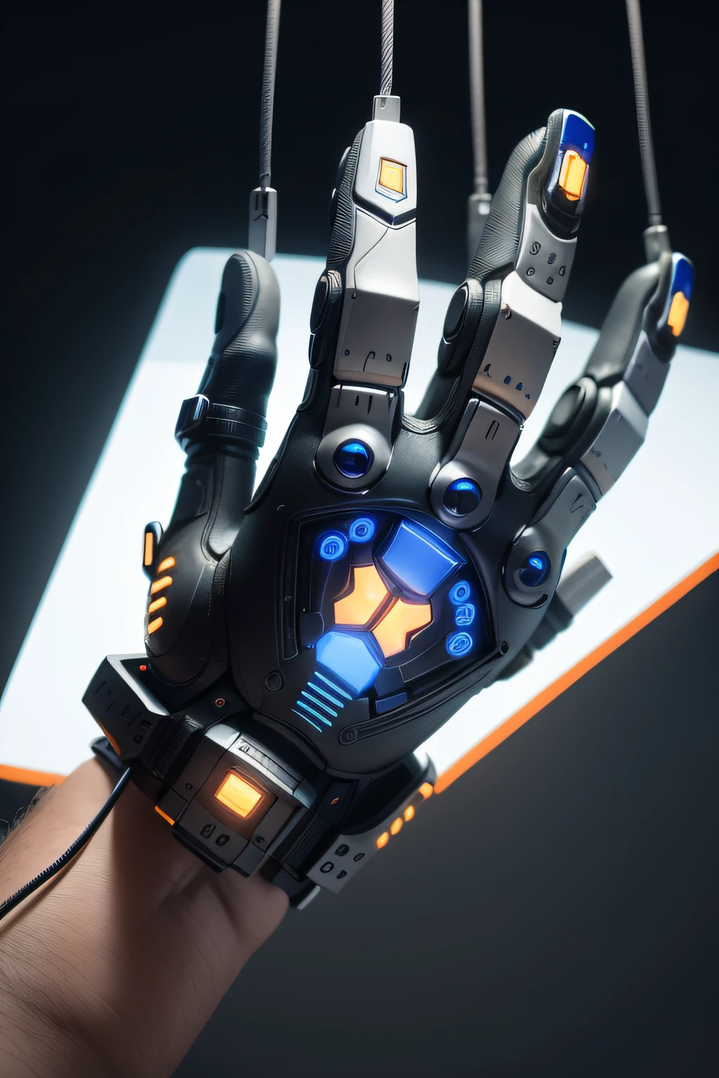 Picture of a high-tech robotic hand,The robot holds the mouse in its hand,The robotic hand is suspended in the air