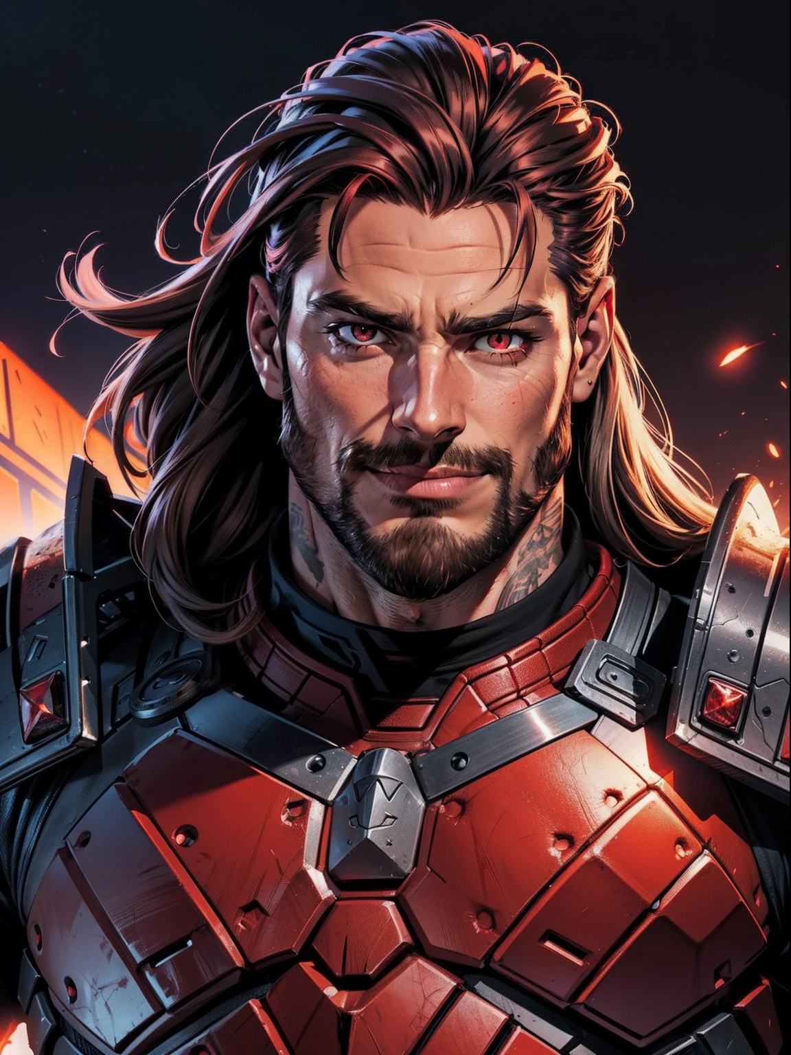 Dark night crimson moon background, Marvel comics style. A close up of a Todd Smith as Ares with mullet hair and a short beard. Trending on Artstation athlete, handsome, defined face, detailed eyes, short beard, glowing red eyes, brown-grey hair, evil smile, badass, dangerous. Wearing modern armor and casual clothes.